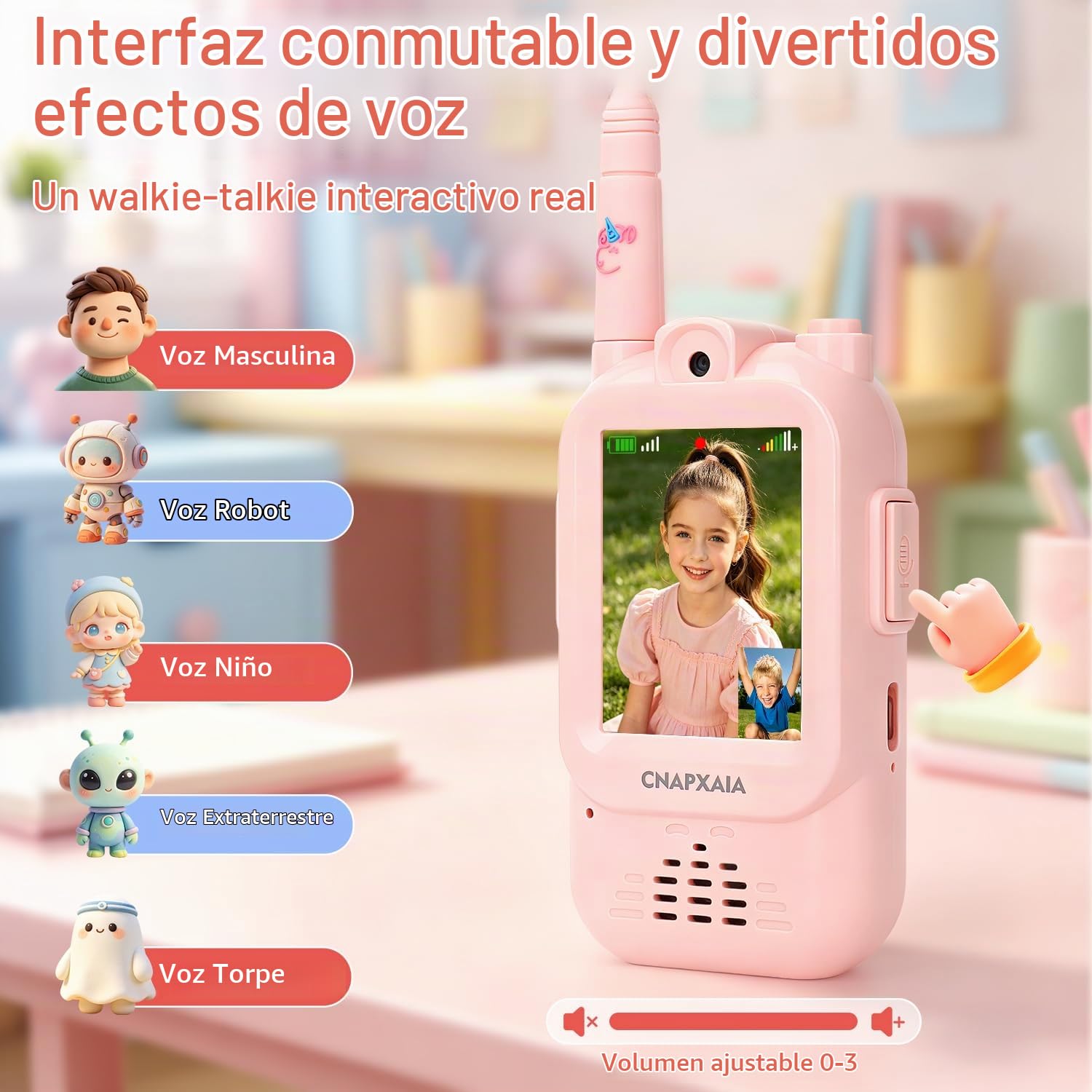 Walkie Talkie Niños con Cámara y Video en Tiempo Real, Juguete Interactivo con Emojis, Stickers y Efectos de Voz, Conexión Automática Sin Internet, Pack de 2 para Niños y Niñas 3-10 Años (Azul/Rosa)