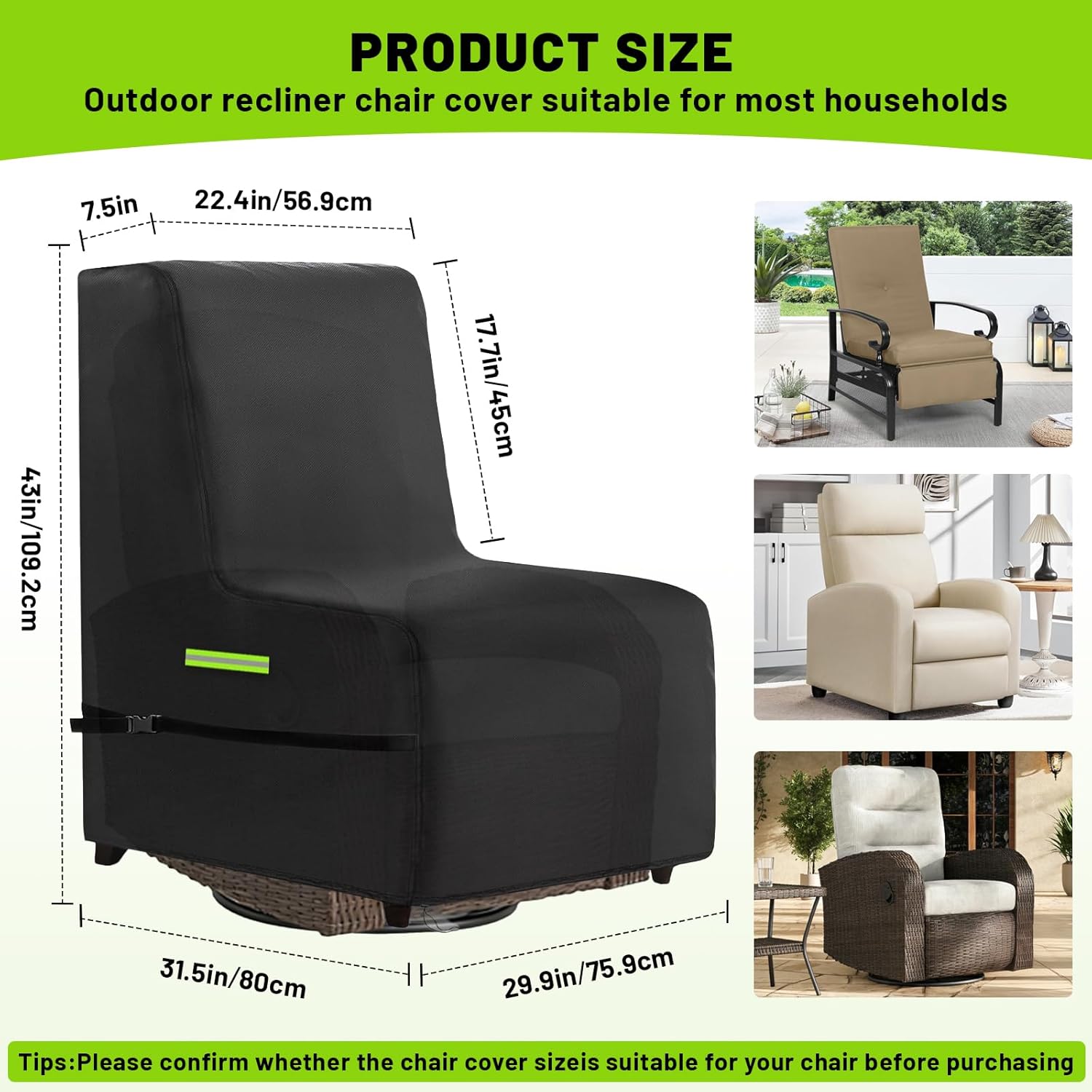 Outdoor Recliner Chair Cover, Waterproof Heavy Duty All-Weather Protection 600D Oxford Fabric Covers for Lawn/Garden Recliner Chiar,with Reflective Strip，Black