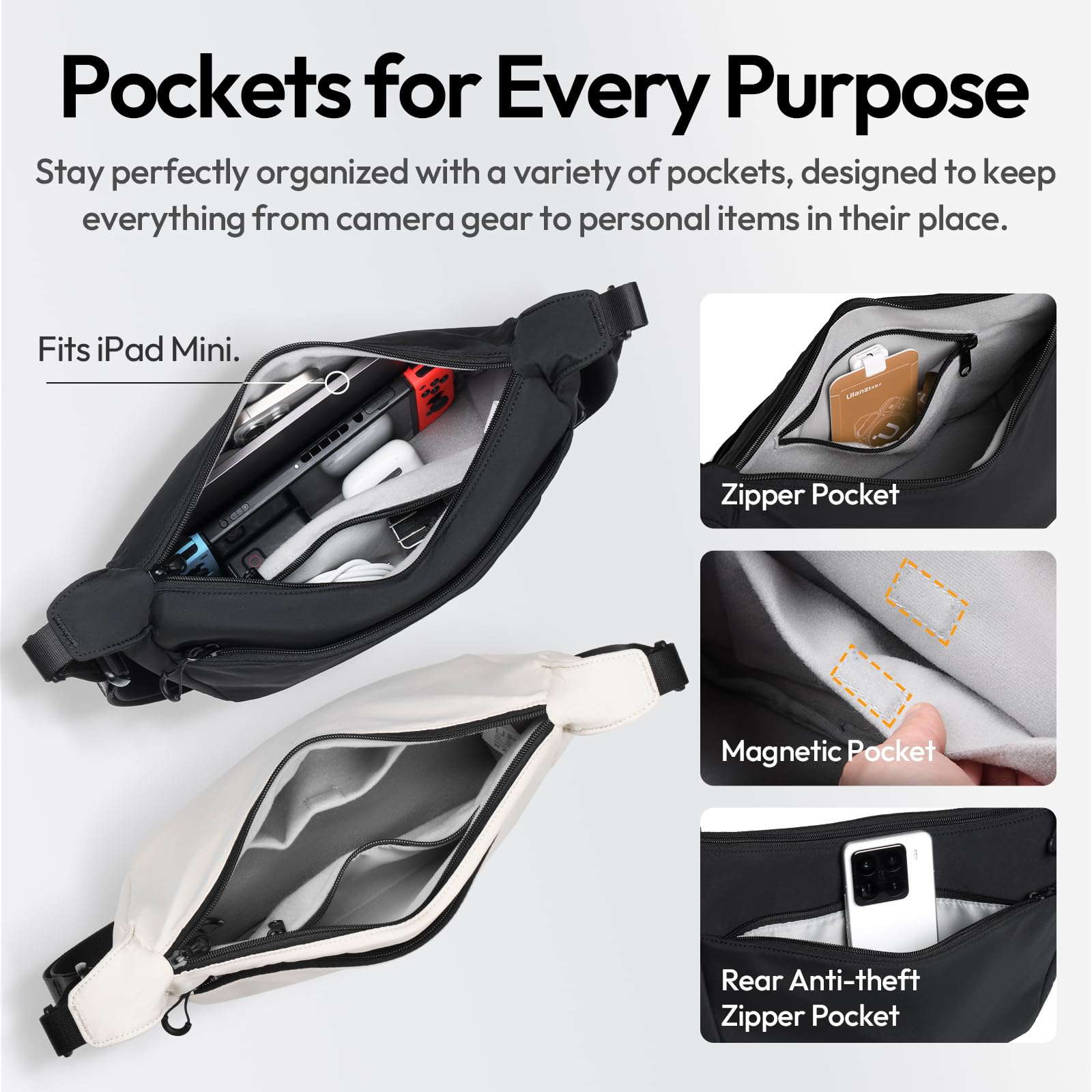 ULANZI Kameratasche Schultertasche Kameratasche Sling Bag Stilvoll mit Trennwänden Leichte Aufbewahrungstasche für DSLR-Kamera Kamerazubehör Reise Outdoor Fotografie Tasche (Schwarz)