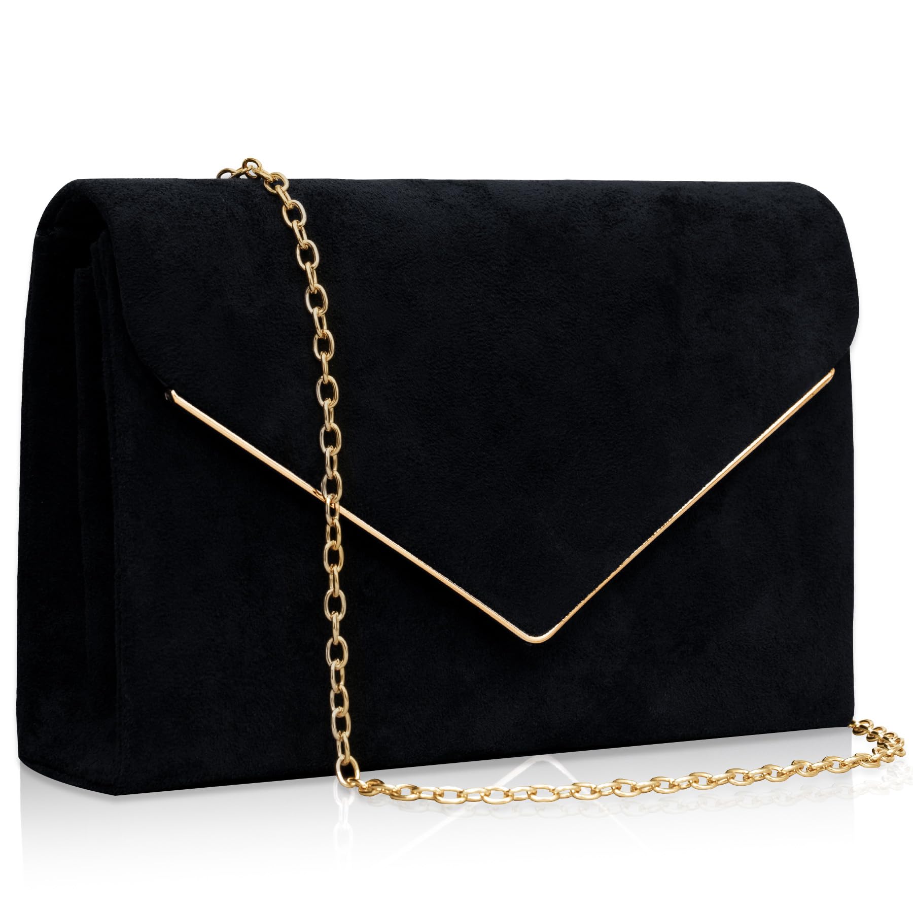 Larcenciel Clutch czarna, aksamitna torebka ze zdejmowanym łańcuszkiem, elegancka zamszowa koperta wieczorowa z kieszenią wielofunkcyjną, modna koperta z zamszu, na wesele, imprezę, 22 x 15 x 5 cm