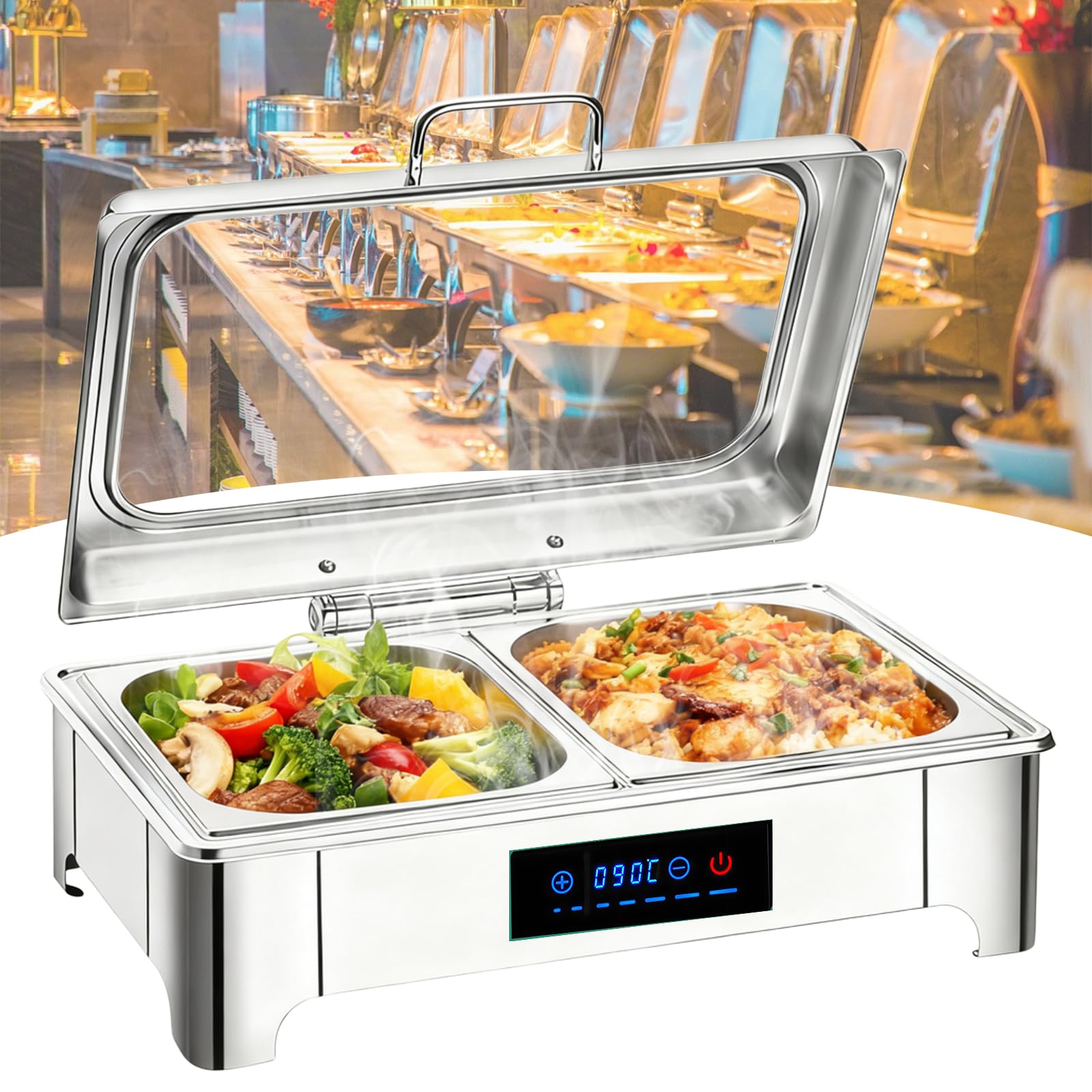 9L Chafing Dish Electrico para Buffet(1/2 Pan) | Acero Inoxidable Calentador de Buffet Electrico Profesional, Calentador de Comida Electrico Buffet Temperatura Regulable