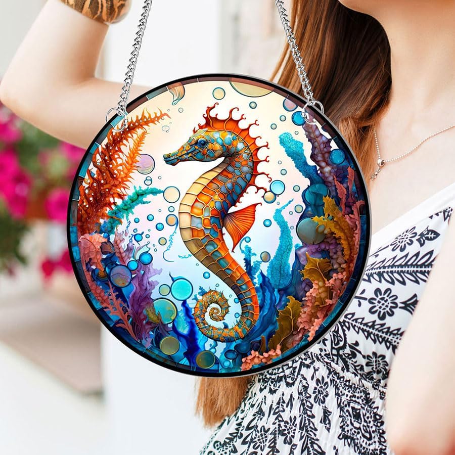 Miniatura 4 de Caballito de mar acrílico manchado para colgar en la ventana, decoración de pared de caballito de mar acrílico del océano, vitral, para colgar en la