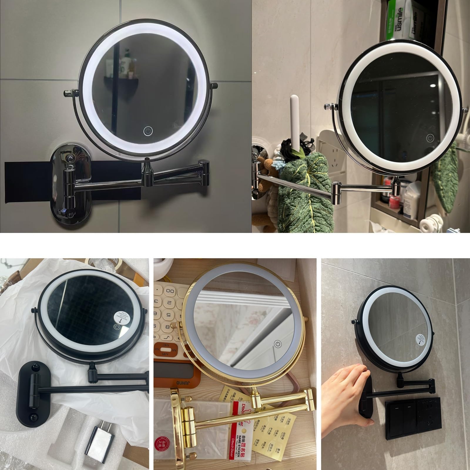 Specchio Trucco Con Luci Da Parete Oro Bagno Ingranditore Da Muro 5x/1x Con Braccio Estensibile Rotazione A 360° Bifacciale Braccio Telescopico Regolabile Modalità Luce A Tre Colori(Gold)