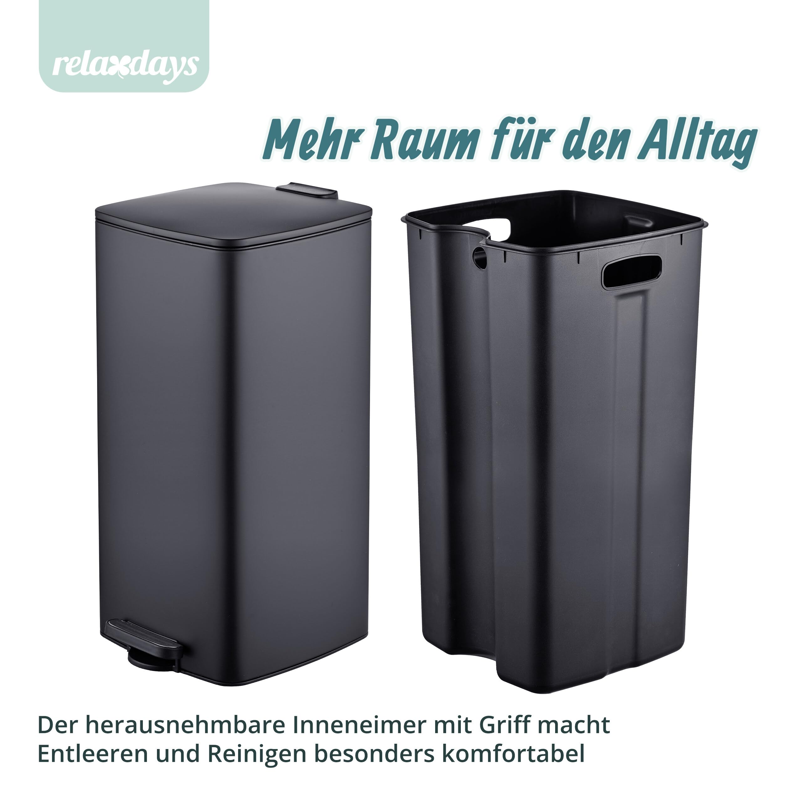 Relaxdays Mülleimer Küche, 30 Liter, Absenkautomatik, schwarz | entnehmbarer Inneneimer, mattes Metall, eckiger Treteimer
