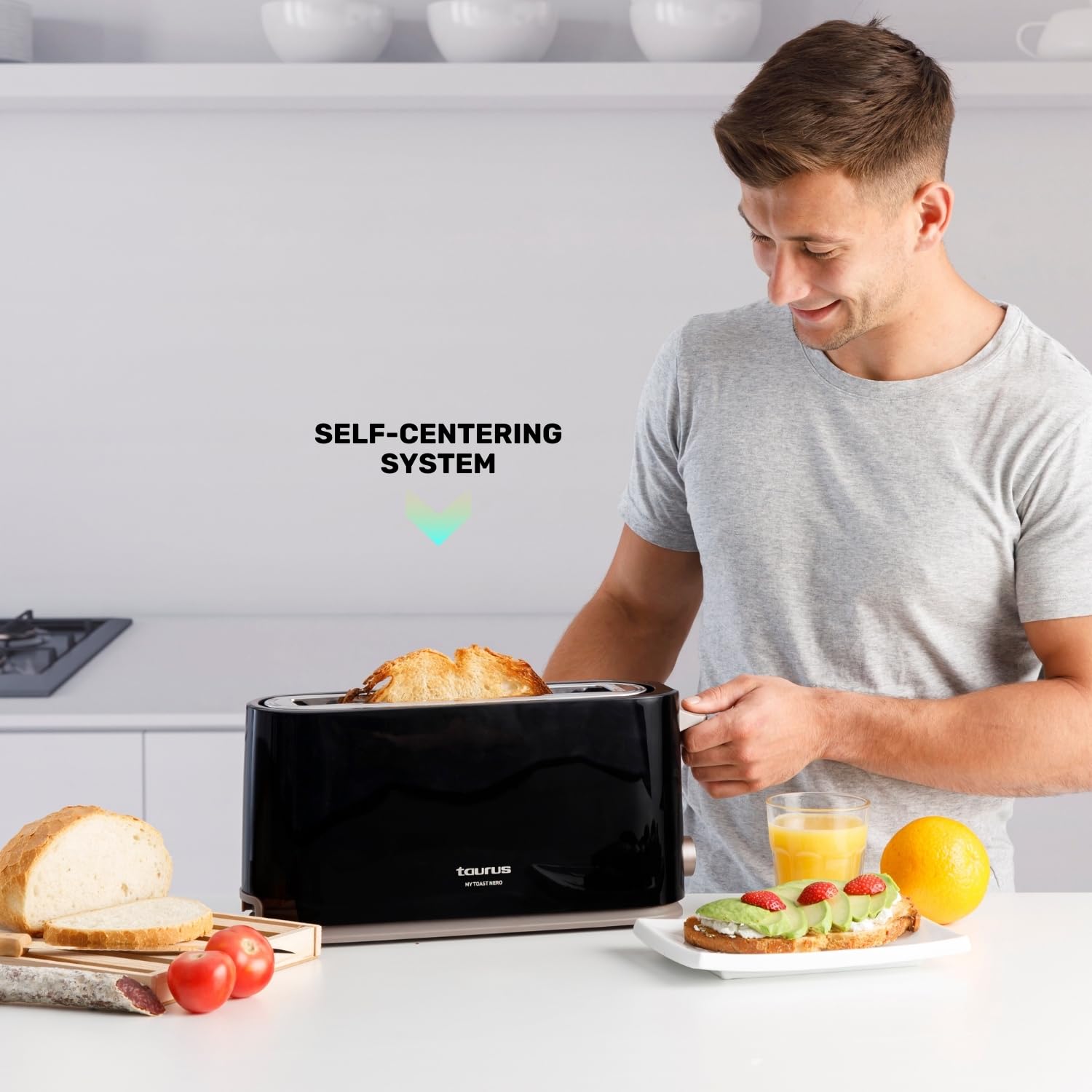 Taurus, Tostadora Mytoast Nero 1000W, 7 Niveles de Tostado, Ranura Extralarga 26x3.8, Sistema Autocentrado, Bandeja Recogemigas, Elevación Extra, Recoge Cable, Pies Antideslizantes