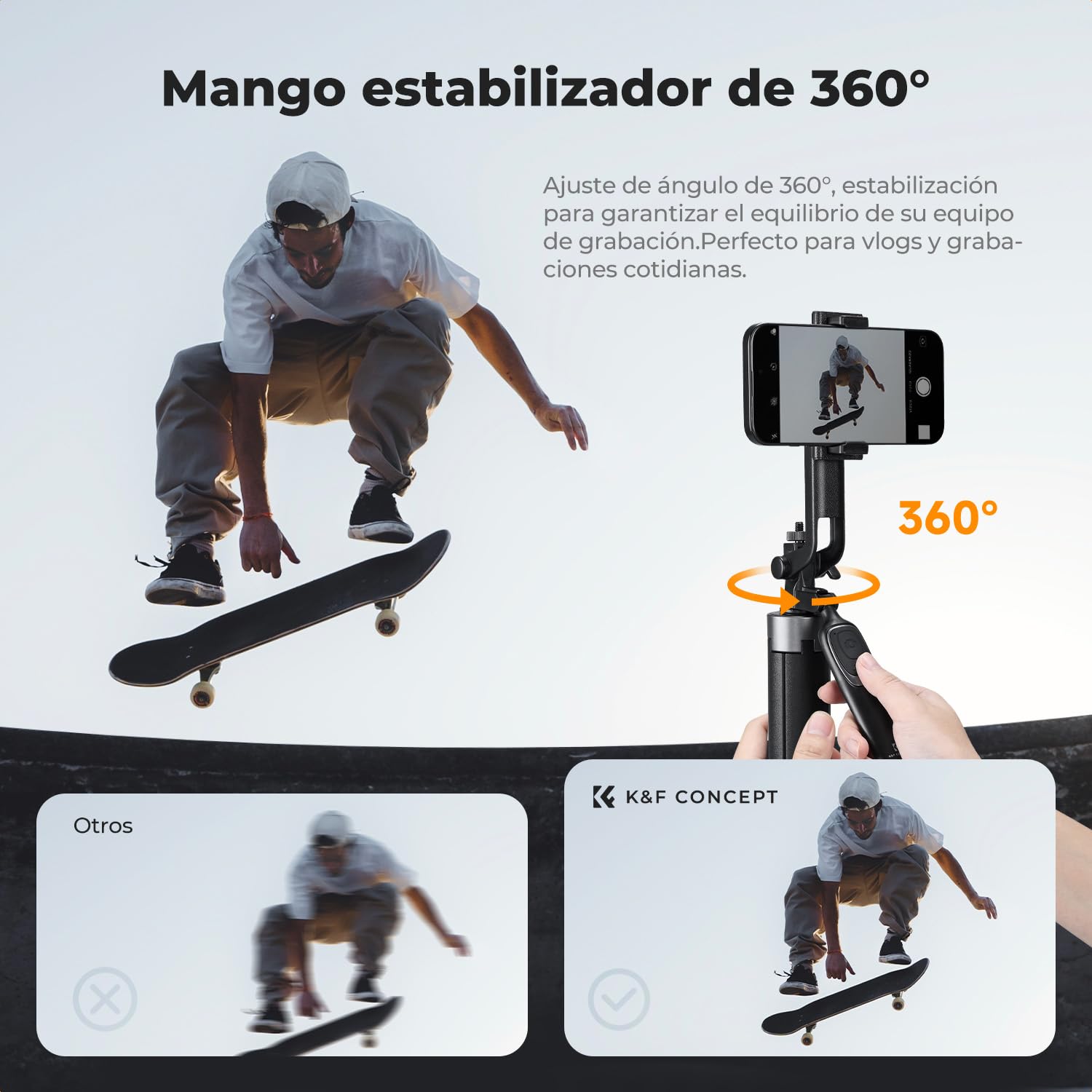 K&F CONCEPT 177cm Trípode para Teléfono, Adaptado para dji OSMO Pocket 4&3/Luna Ultra, 4 Pies y Mango Estabilizador, Control Bluetooth, Rotación 360°, Percha Selfie para iPhone Android, Viaje Vlog
