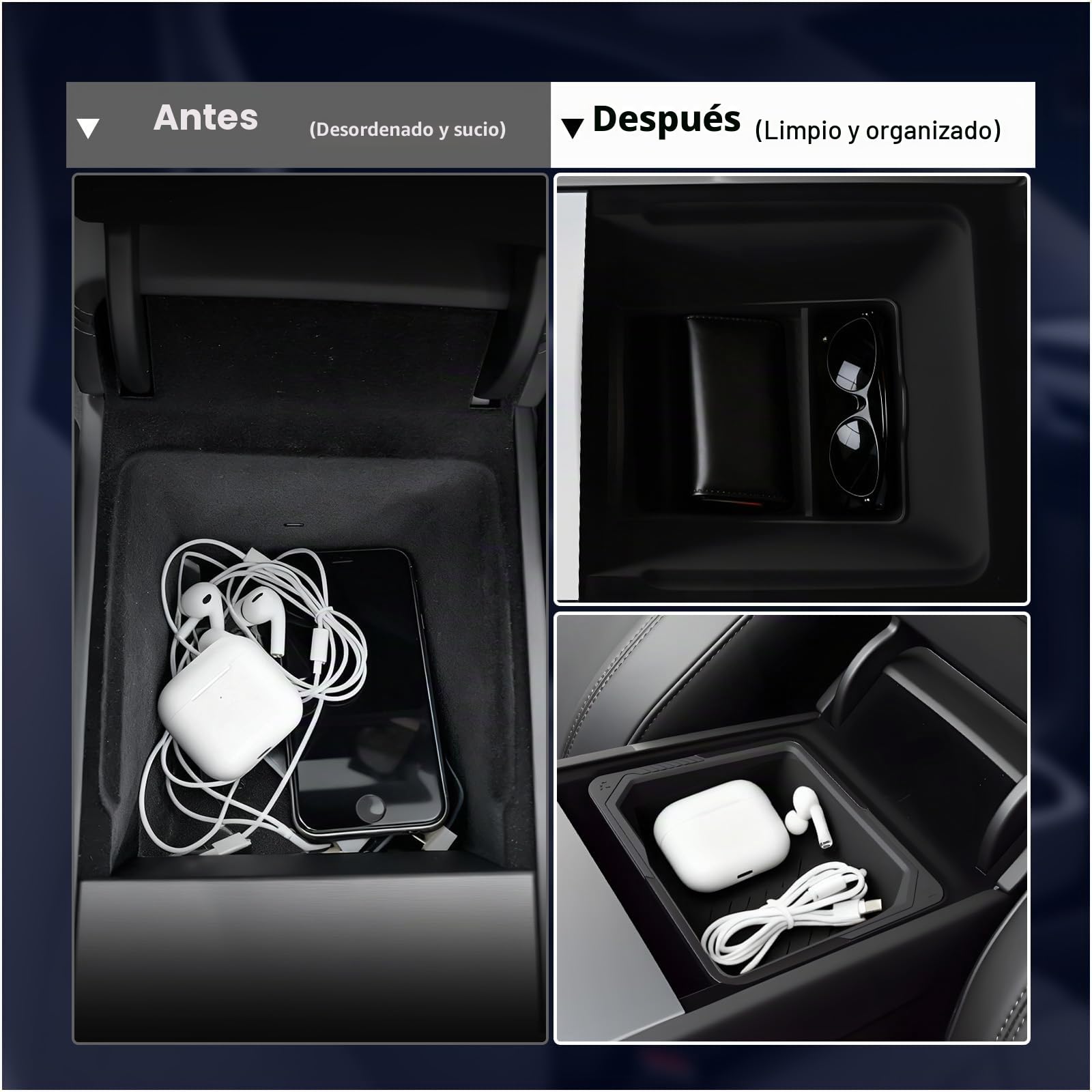 Organizador Consola Central para Tesla Model Y/YL Juniper 2025-2026 Accesorios by MMOBIEL – 6 Pzs. Interior ABS & Silicona – Organizadores, Bandejas, Portavasos, Caja Reposabrazos – Antideslizante