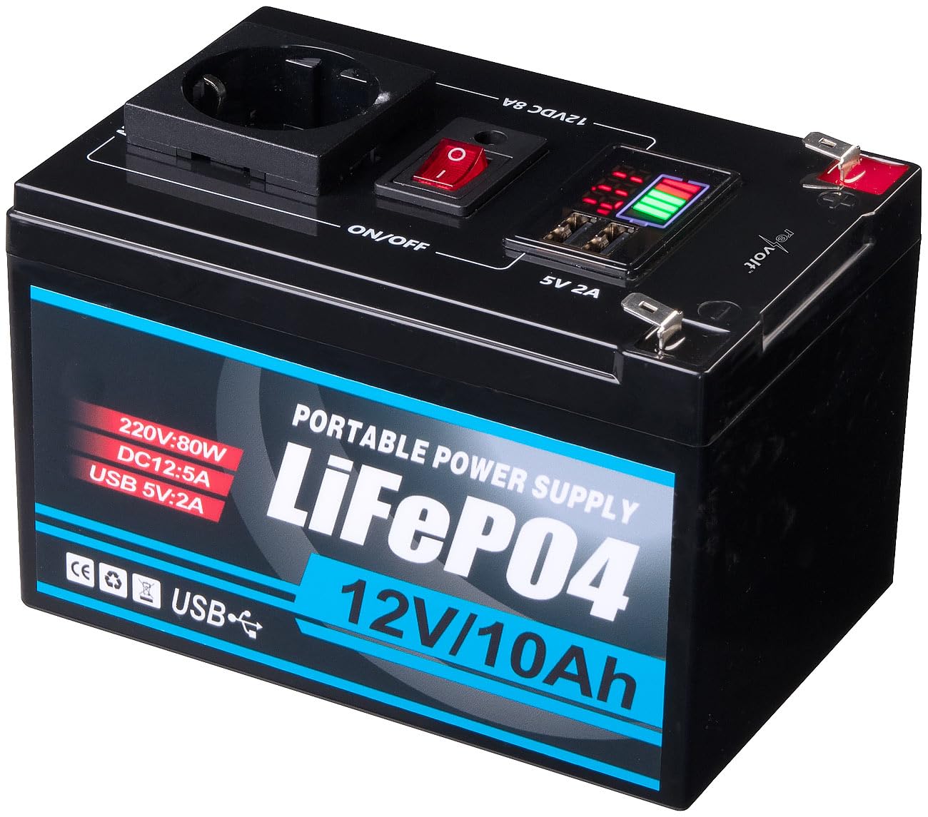 revolt Powerstation 12V Camping: 230-V-Powerstation & Solarkonverter, LiFePO4, 111 Wh, 80 W, 2X USB-A (Mobile 230V, Powerbank mit Steckdosenanschluss, Batterie)