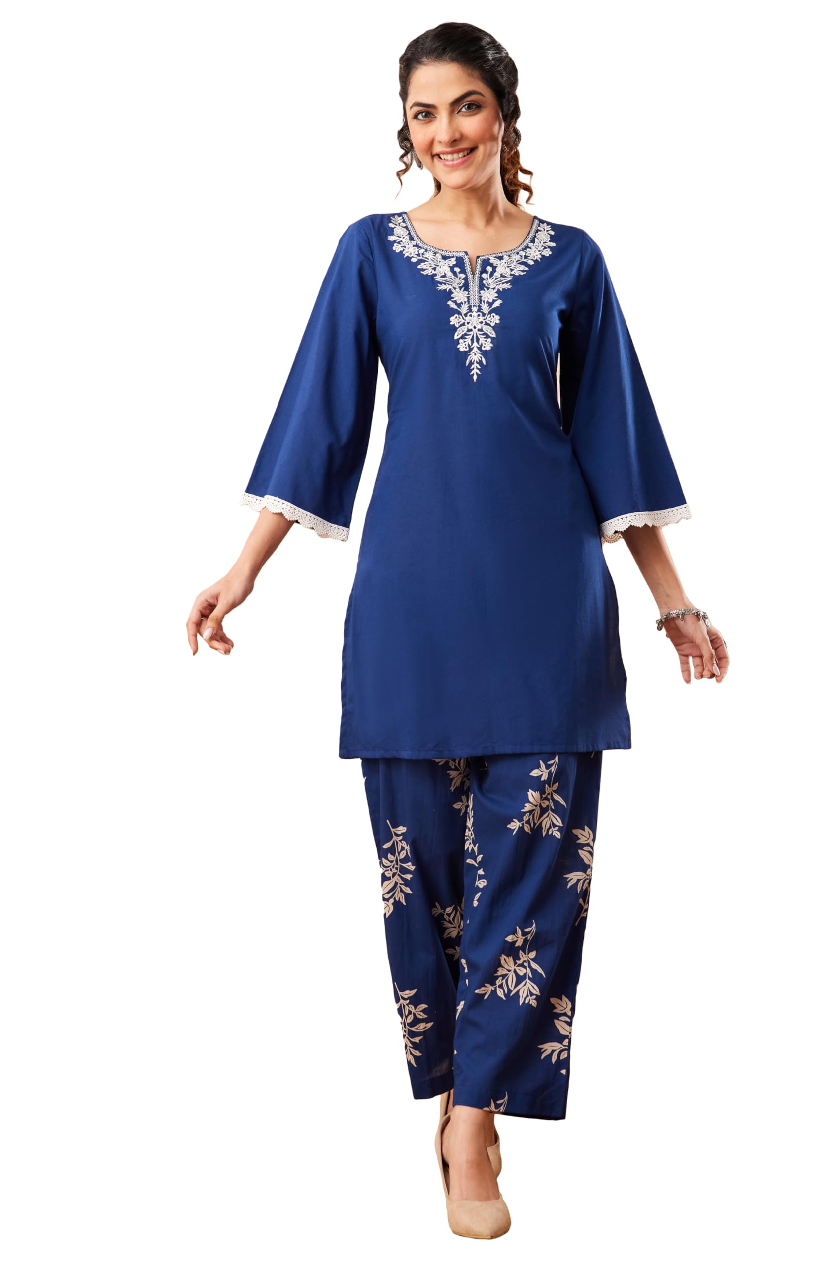 janasya Women's Blue Pure Cotton Yoke Embroidered Straight Co-ord Set-picture-13