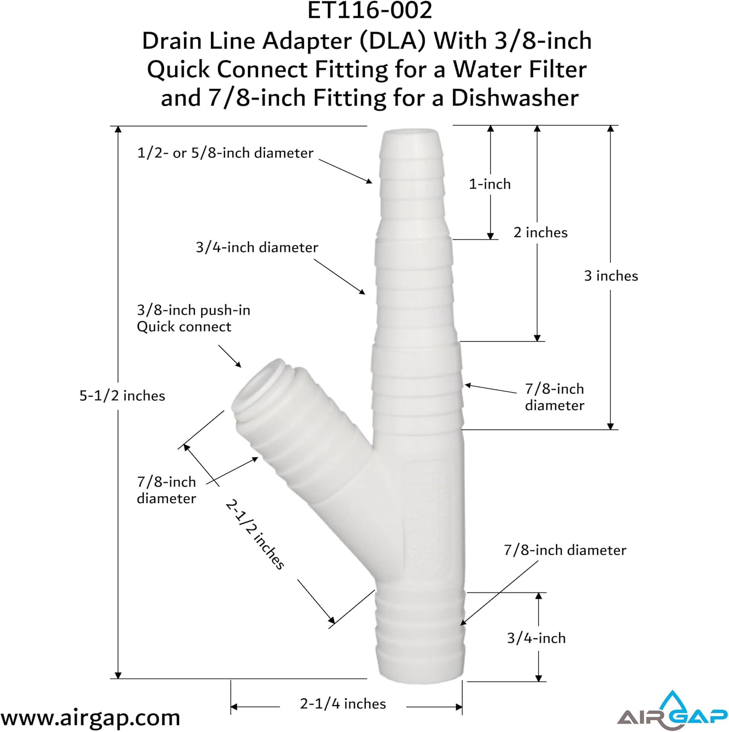 Drain Line Adapter (DLA) With 3/8-inch Quick Connect Fitting for a Water Filter and 7/8-inch Fitting for a Dishwasher (ET116-002, D-38QC, DLA-D)