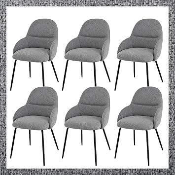 Dining Chairs Set of 6,Modern Kitchen Chairs with Metal Legs and Curved Backrest,Polyester Armchairs for Living Room,Dining Room,Restaurant,Light Grey
