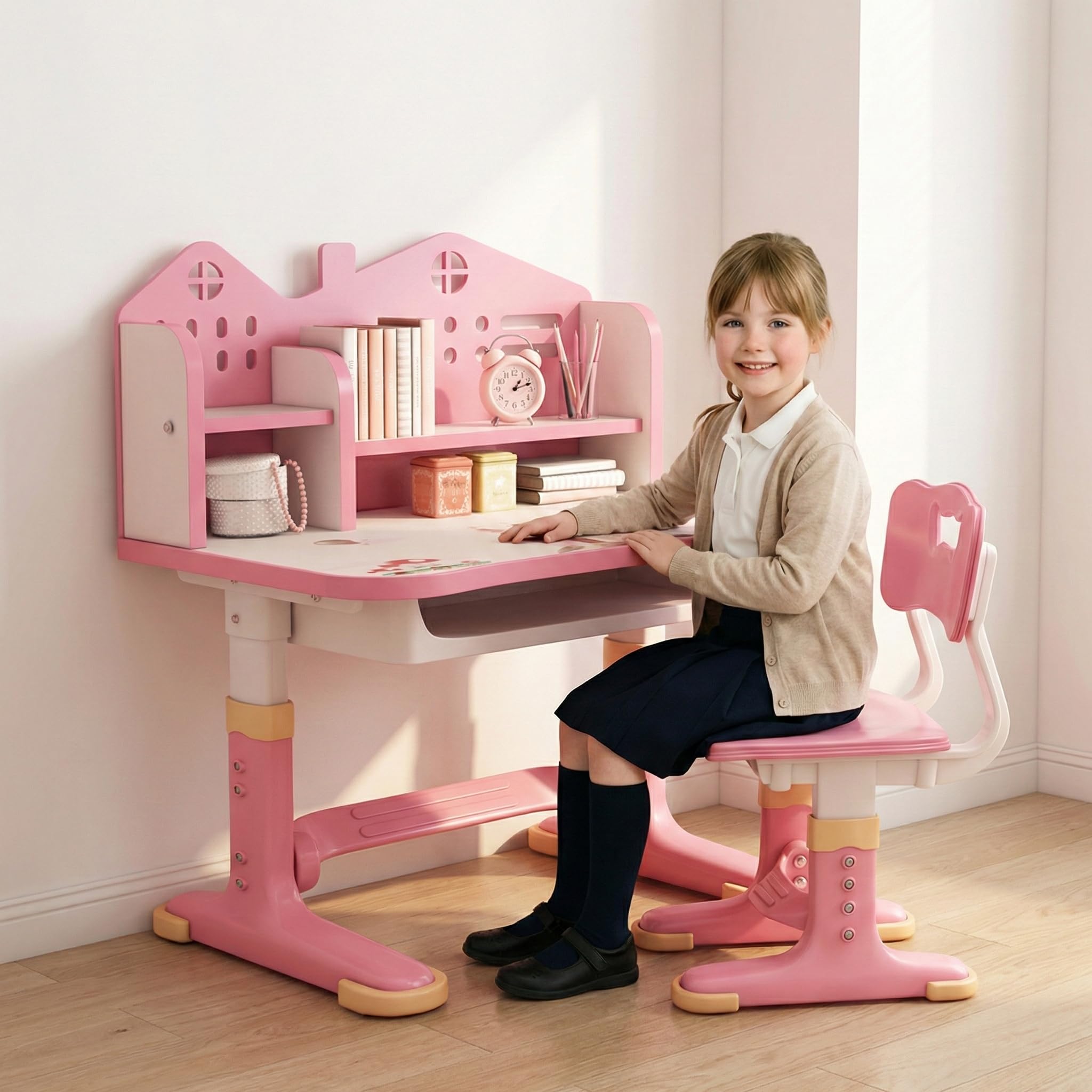 joukares Kids Desk and Chair Set, Height Adjustable Study Desk, Ergonomic Children's Homework Station, Storage Drawer, Widened Desktop, for Girls Studying Reading Drawing (Pink)