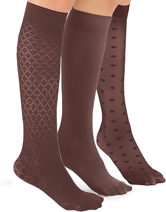 Collections Etc Stylish & Comfortable 15-20mmHg Compression Knee High Stockings, 3 Pairs - Made in USA