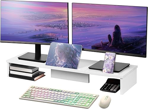 Soporte elevador de monitor doble con soporte para tableta de teléfono, soporte de monitor grande de 35.8 pulgadas para escritorio, soporte de