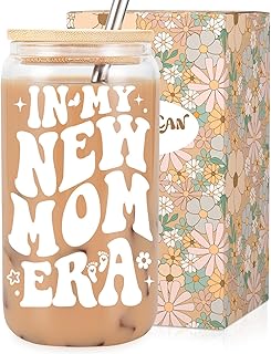 LEADO New Mom Gifts, 16 oz Coffee Cup Glass Tumbler - In My New Mom Era, Gifts for New Moms - Postpartum, Birthday, Pregna...