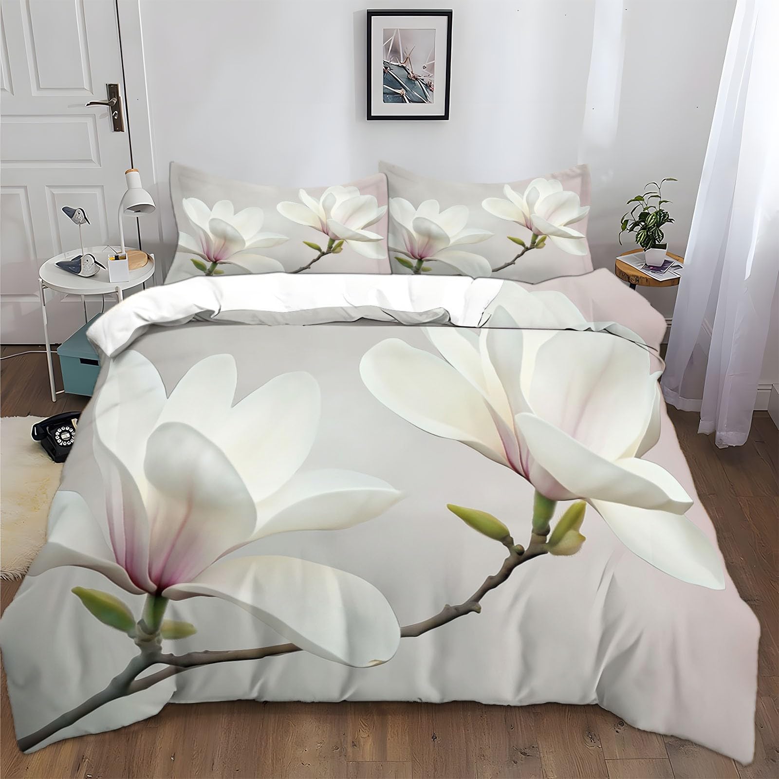 Ensembles de housse de couette haut de gamme motif magnolia imprimé blanc 200x200 cm
