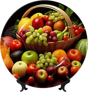 Bone China Decorative Plate with Display Stand Ceramic Decorative Plate variety fresh vegetables fruits Wall Hanging Ornament Porcelain Dinner Plates Art Crafts Ceramic Ornaments Wall Decor 6in