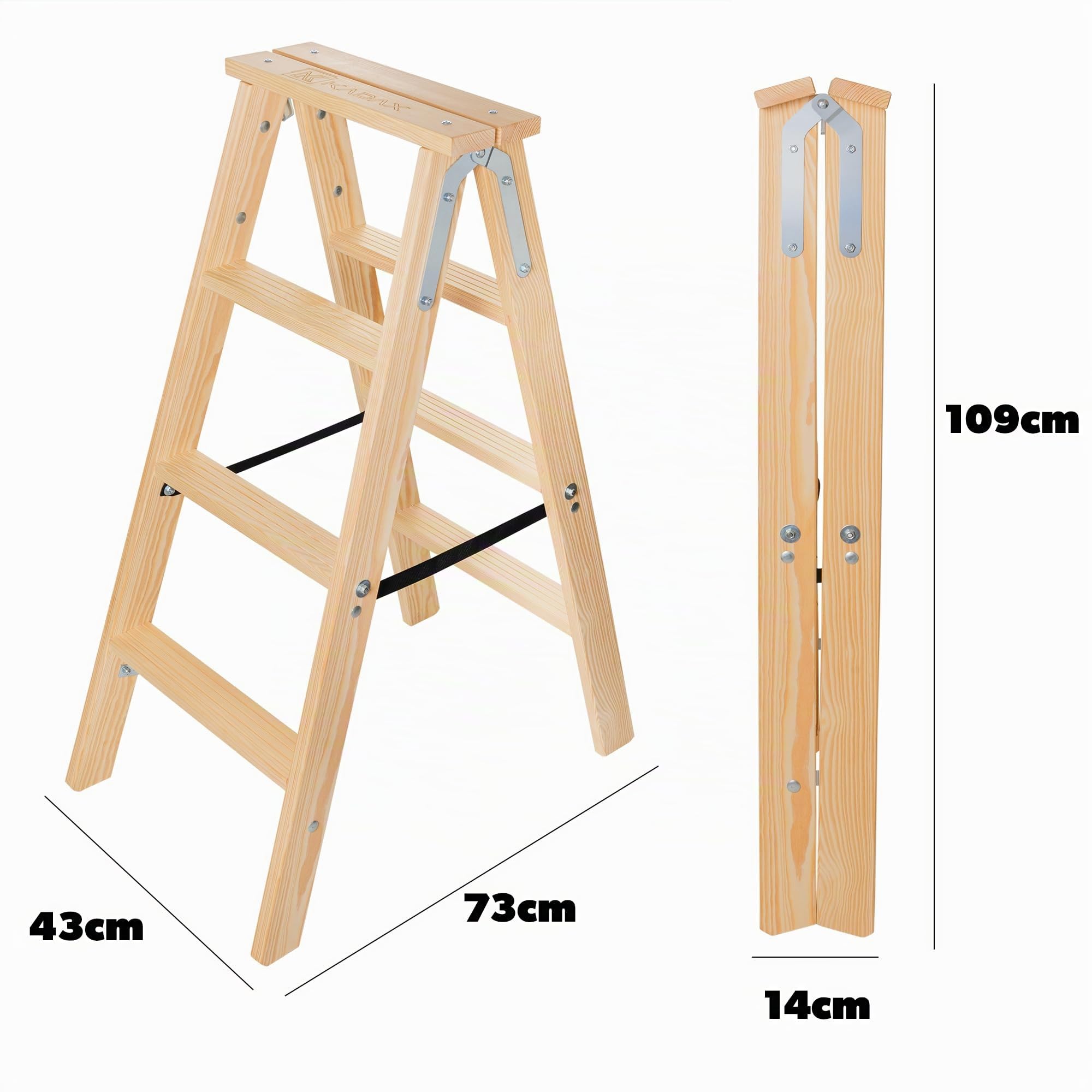 KADAX Klappbare Holzleiter, 4-stufige Malerleiter mit Stahlhaken, Stehleiter für Haushalt und Garten