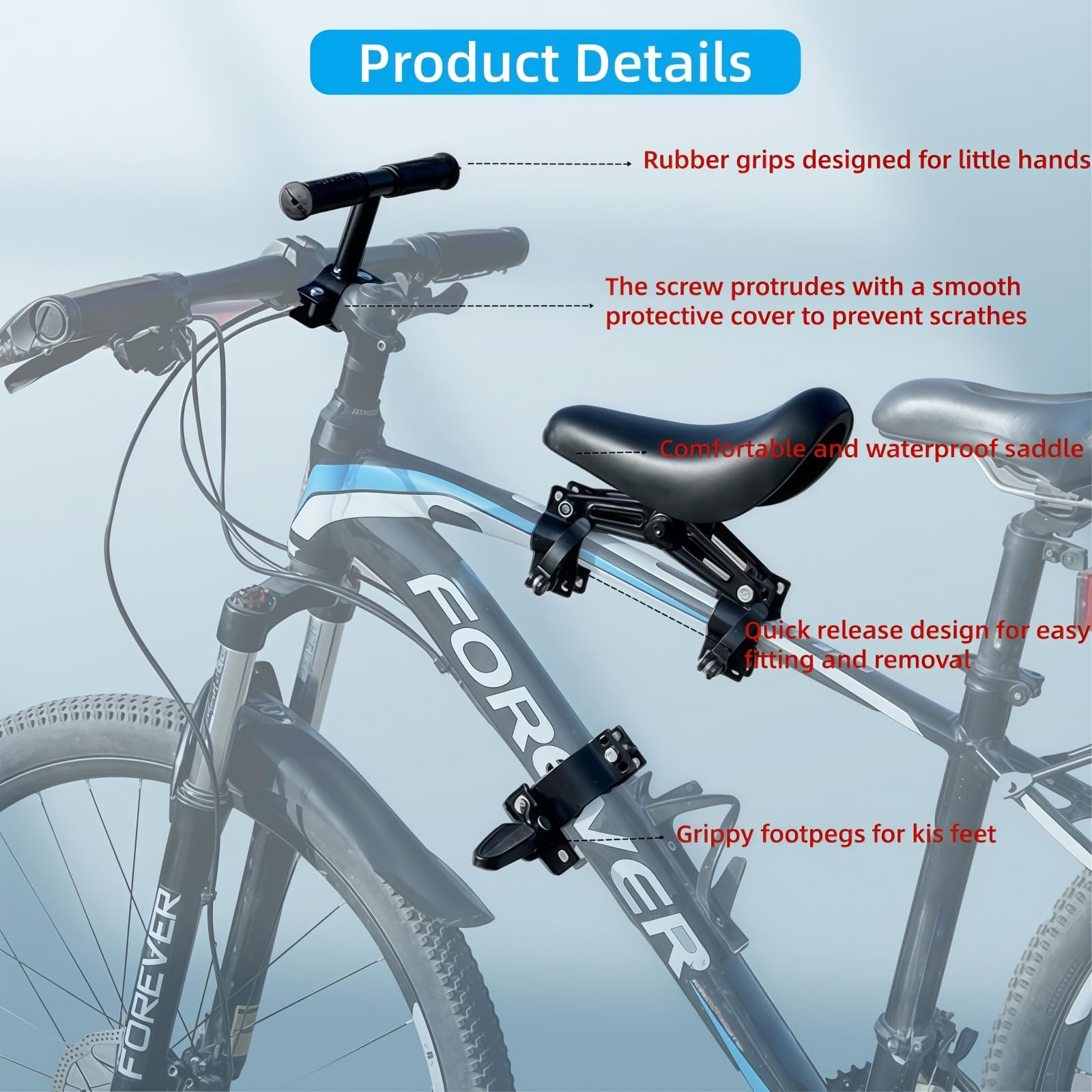 Silla infantil para bicicleta de montaña, asiento delantero con reposapiés, manillar y pedales para niños de 2 a 6 años, silla infantil delantera desmontable para la mayoría de las bicicletas modernas