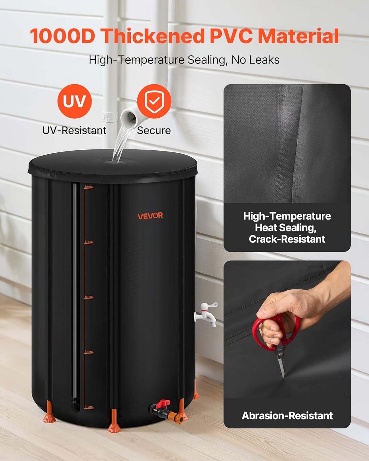 vevor collapsible rain barrel, 100 gallon portable rain water collection barrel, 1000d pvc rainwater collection system, garden water catcher tank storage container with spigot & overflow kit, black