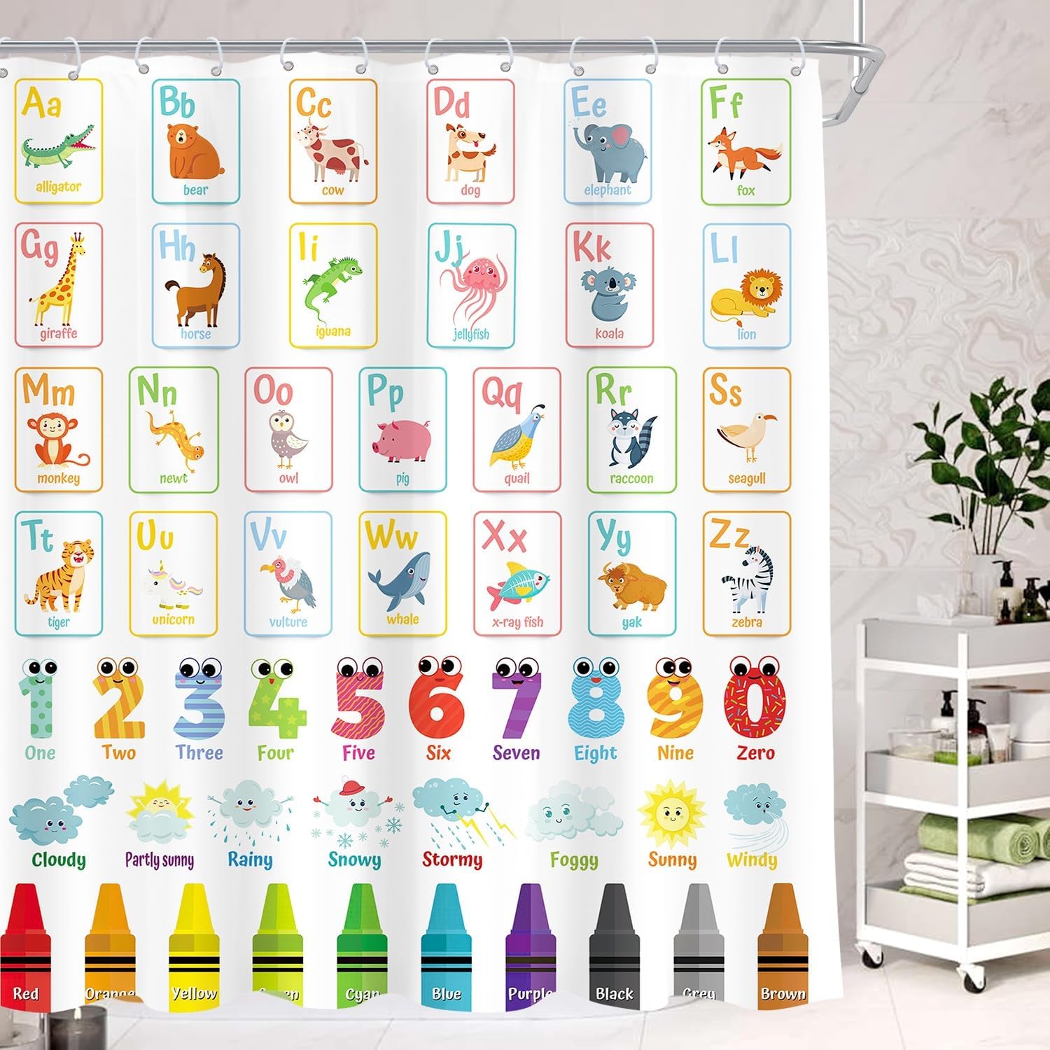 Cinbloo Alphabet ABC Kids Shower Curtain 72Wx72H Colorful Cartoon Children Animal Cute Educational Number Learning Bathroom Curtain Set Nursery Baby Boys Girls Fabric Bathroom Decor with 12 Hooks