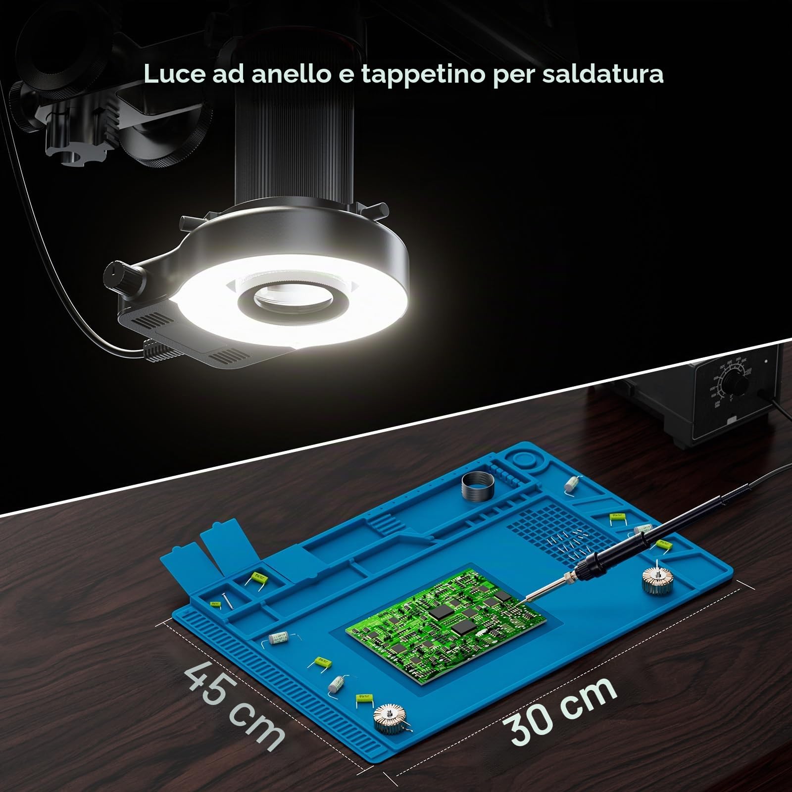 Elikliv EM4K Flex 4K Digital Microscopio, 10.1" HDMI Saldatura Microscopio con Flex Arm Stand per Riparazione Elettronica, 52MP Coin Magnifier per Monete Errori, Anello Luce, Silicone Saldatura Mat