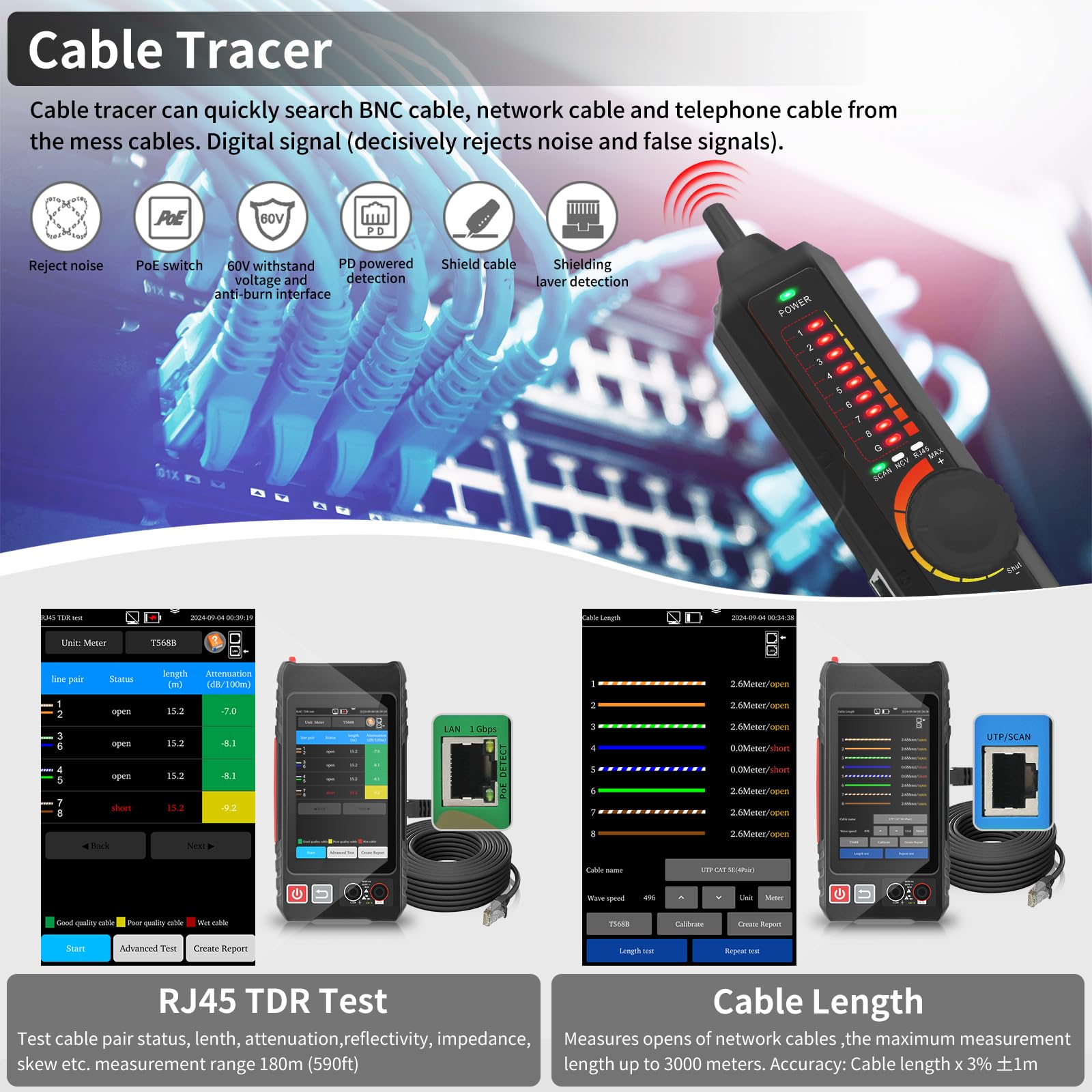 Henkion Comprobador de cables de red RJ45 Probador de cables UTP, Rastreador de cables Ethernet, pantalla táctil IPS de 4 pulgadas, compatible con herramientas de red, multímetro digital, VFL, OPM