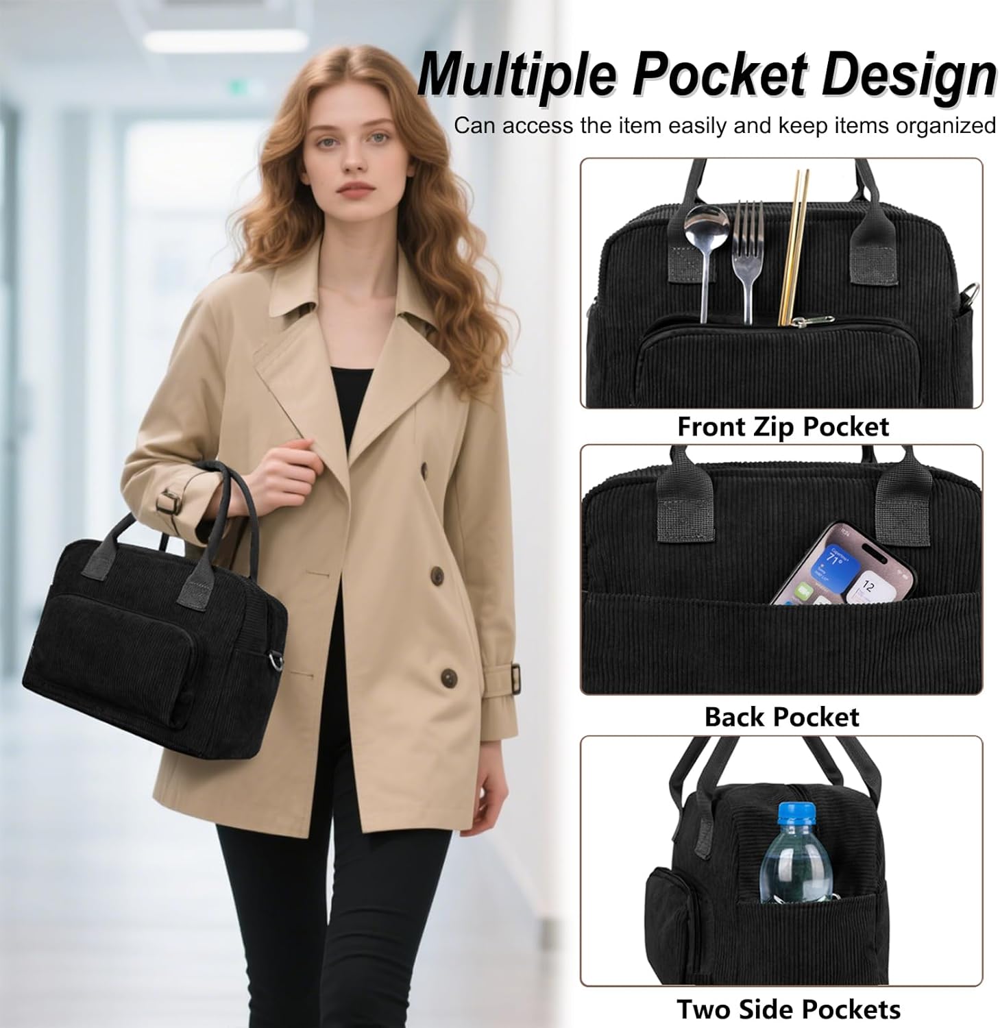 FITDON Insulated Lunch Bag for Women Men, Large Lunch Box Container Leakproof Corduroy Cooler Bag Lunch Tote Bag for Work Picnic, Black - Image 4