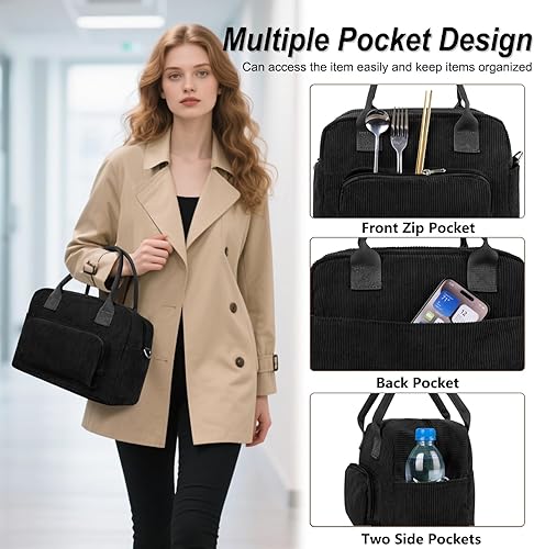 Miniatura 4 de FITDON Lonchera térmica para mujeres y hombres, contenedor grande de pana a prueba de fugas, bolsa de almuerzo para picnic de trabajo, color negro