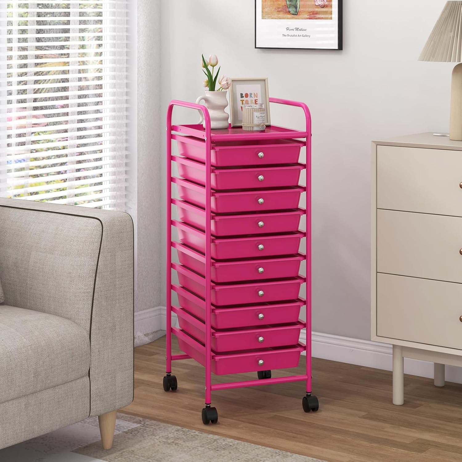 MAT EXPERT 10 Drawer Rolling Storage Cart, Multipurpose Utility Cart w/Plastic Drawers & Universal Casters, 10 Tier Mobile Organizer Cart for Office Home Classroom Beauty Salon