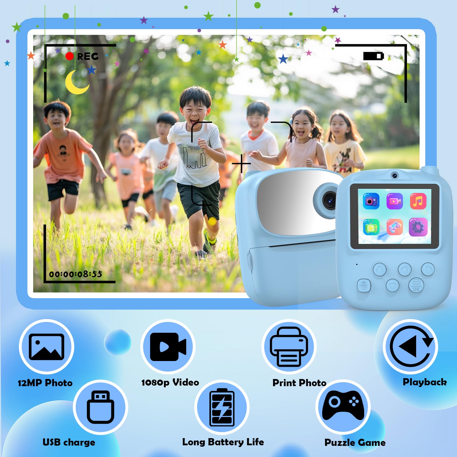 Nueva cámara para niños con impresión instantánea con espejo, cámara digital selfie de doble lente HD 1080P con 3 rollos de papel de impresión y tarjeta de 32 G, regalos de cumpleaños para