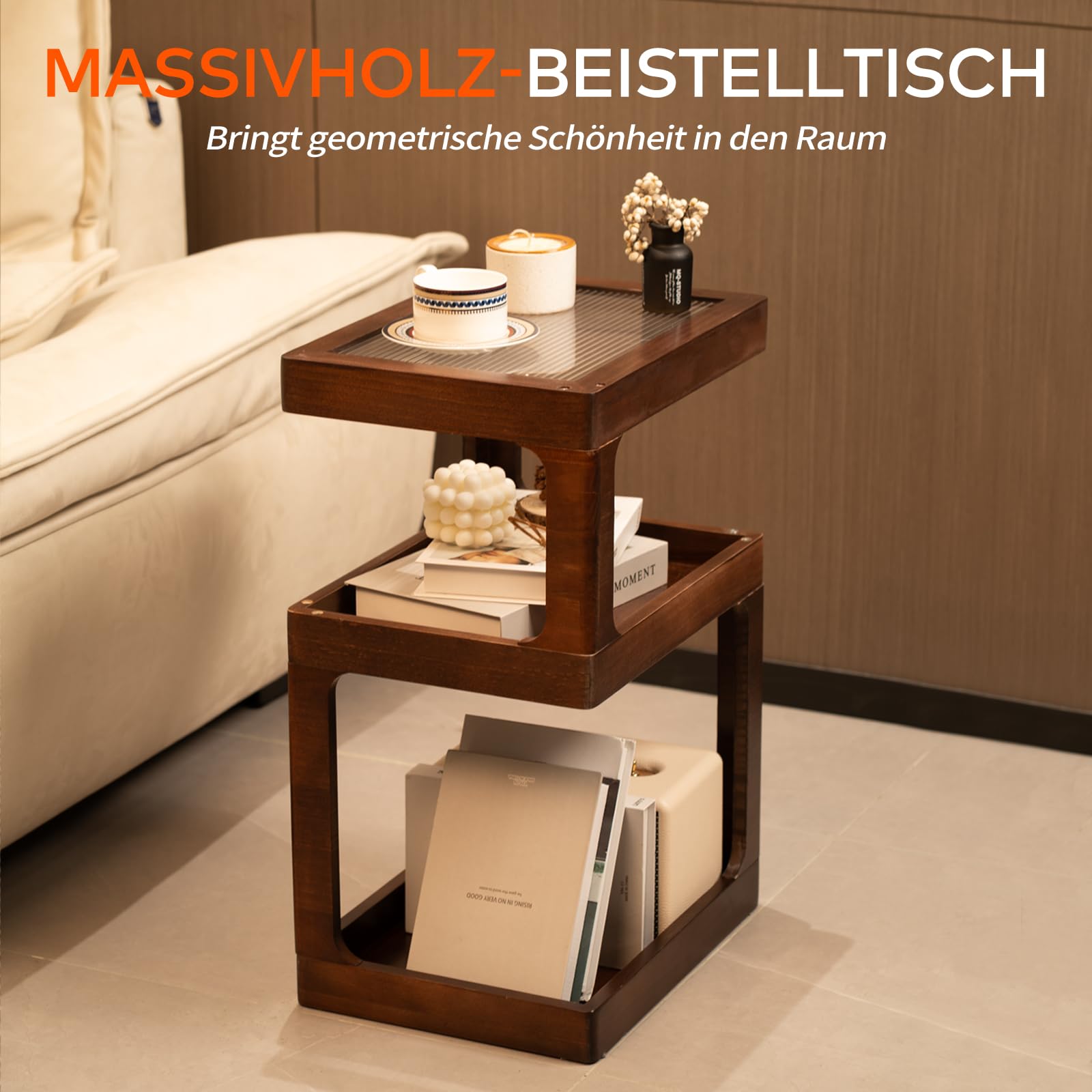 Nachttisch aus massivem Kiefernholz, Stabiler Beistelltisch für Boxspringbett, moderner Couchtisch klein mit Schublade für Schlafzimmer, Wohnzimmer, Holz-Nachtschrank 40x30x61 cm