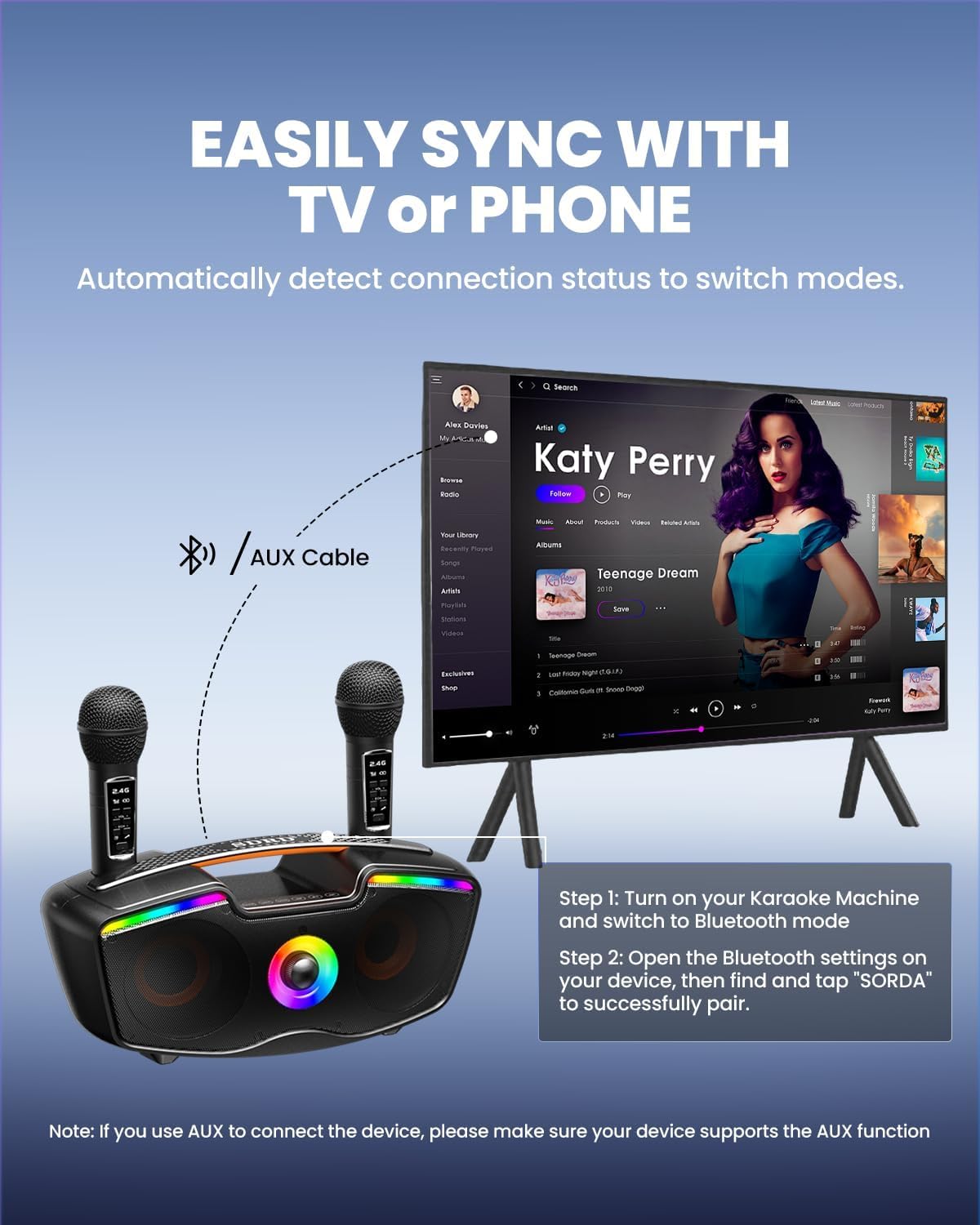 Macchina per Karaoke Bluetooth SORDA per Adulti e Bambini, Altoparlante Portatile da 80 W con 2 Microfoni Wireless, Regolazione Dell'eco, Supporto per Scheda USB/AUX/TF, per Regali di Ritrovo