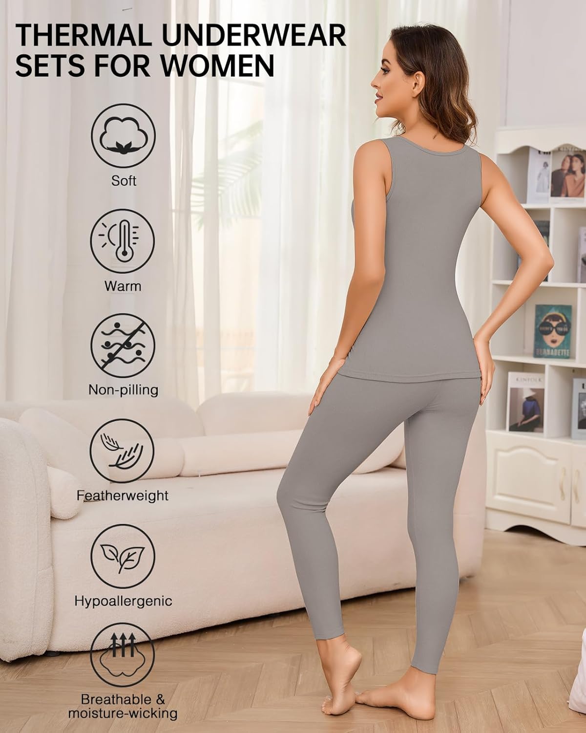 Thermal Tank Underwear Sets For Women Long Johns Fleece Base Layer Cold Weather Thermals Tank Top and Bottom Set - Image 3