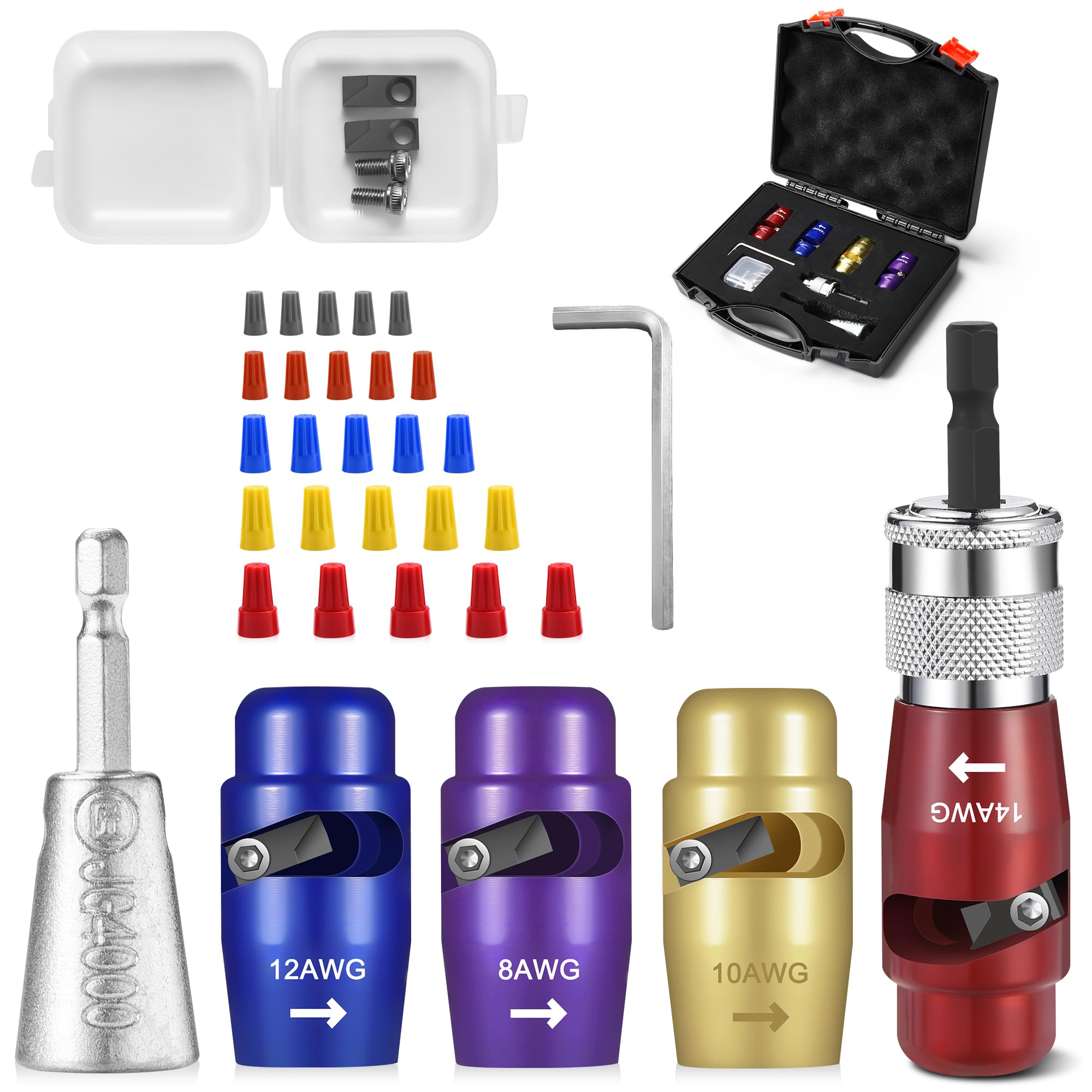 SUTQIGUI 2024 Upgraded Wire Stripper Set for AWG 14/12/10/8 Electric Wire,Wire Stripper Tool Wire Twister Tool for Drill,Quick Cable Stripper Set Electrician Tools with 25PCS Wire Connection Nuts