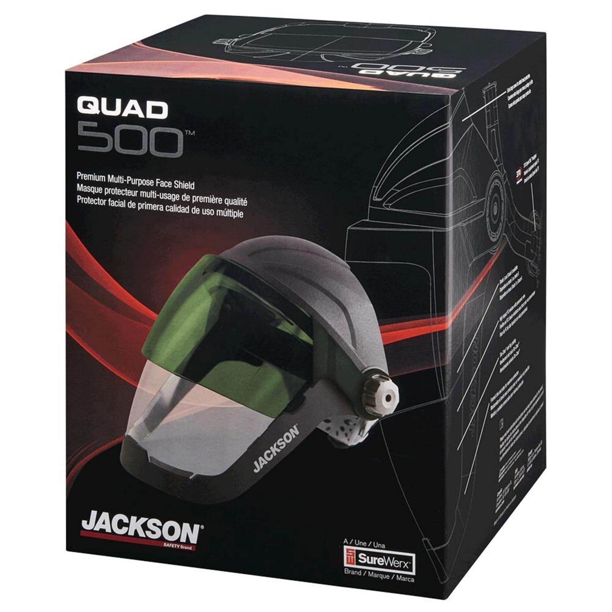 Jackson Safety 14230 Quad 500 Premium Multi-Purpose Face Shield/Face Guard; Ratcheting Headgear, Clear Tint, Anti-Fog Coating, Visor Face Protection with 5 IR Rated Flipshade