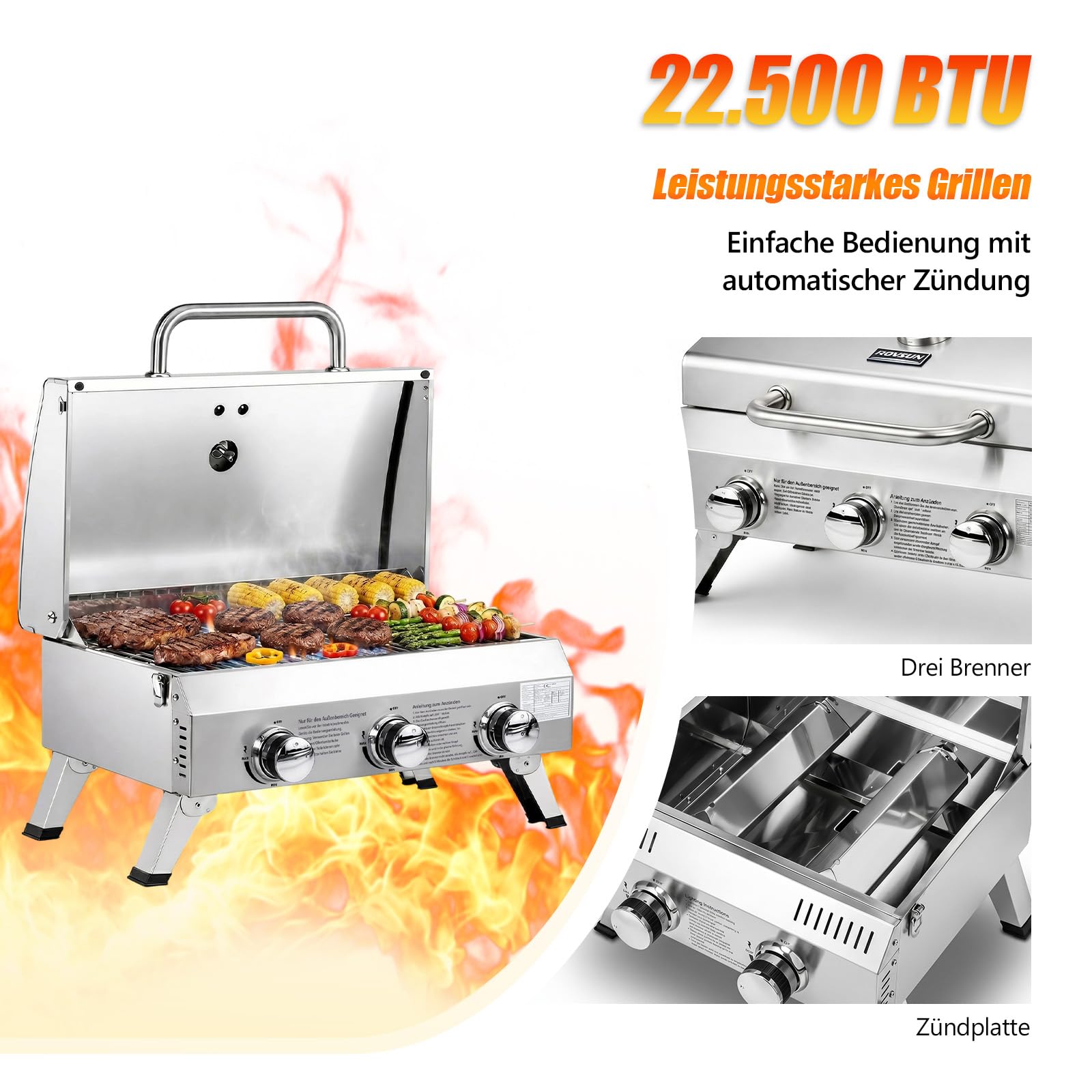 ROVSUN 6,6 kw Gasgrill mit 3 Brenner Gasgrill Camping mit Deckel & Thermometer 61x43x40 cm, Tischgrill für Hinterhof, Terrasse, Camping, Strand & Picknick