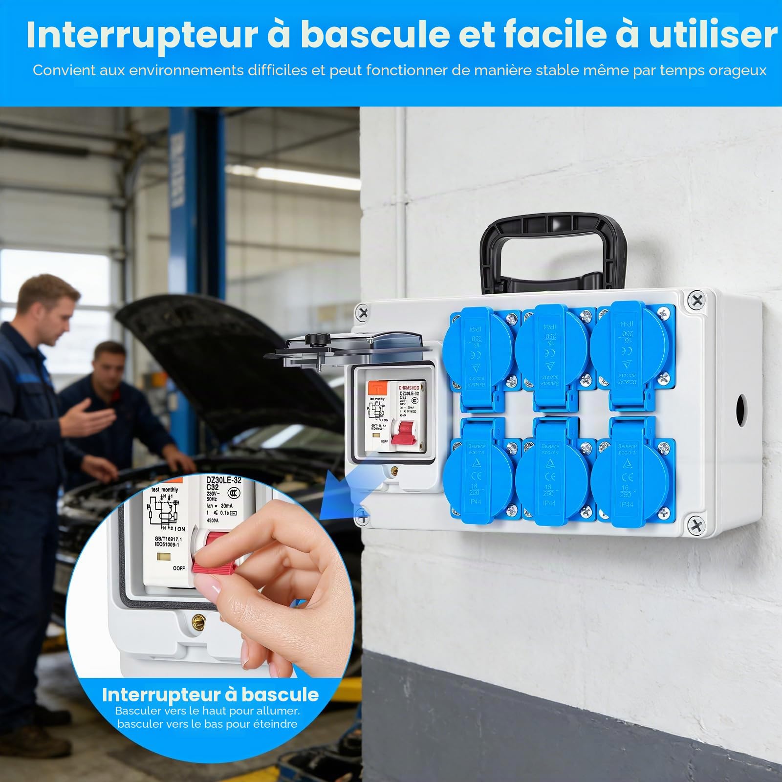 Coffret de chantier 16A IP67 avec 6 prises Schuko & interrupteur différentiel 30mA, Boîtier de distribution électrique 230V, Réglette étanche murale avec disjoncteur de protection