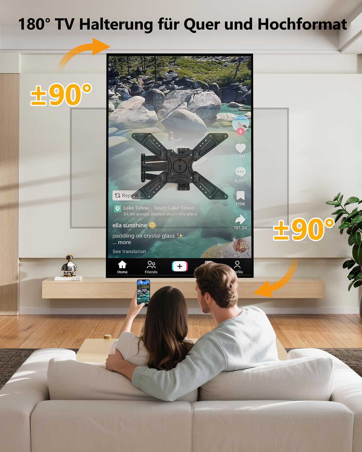 TV Wandhalterung Schwenkbar für 32-75 Zoll Fernseher, 180° Drehung von Querformat zu Hochformat Ecke TV Halter mit 850mm Langem Arm, Fernseher Halterung für die Wand VESA 600x400mm bis zu 50kg