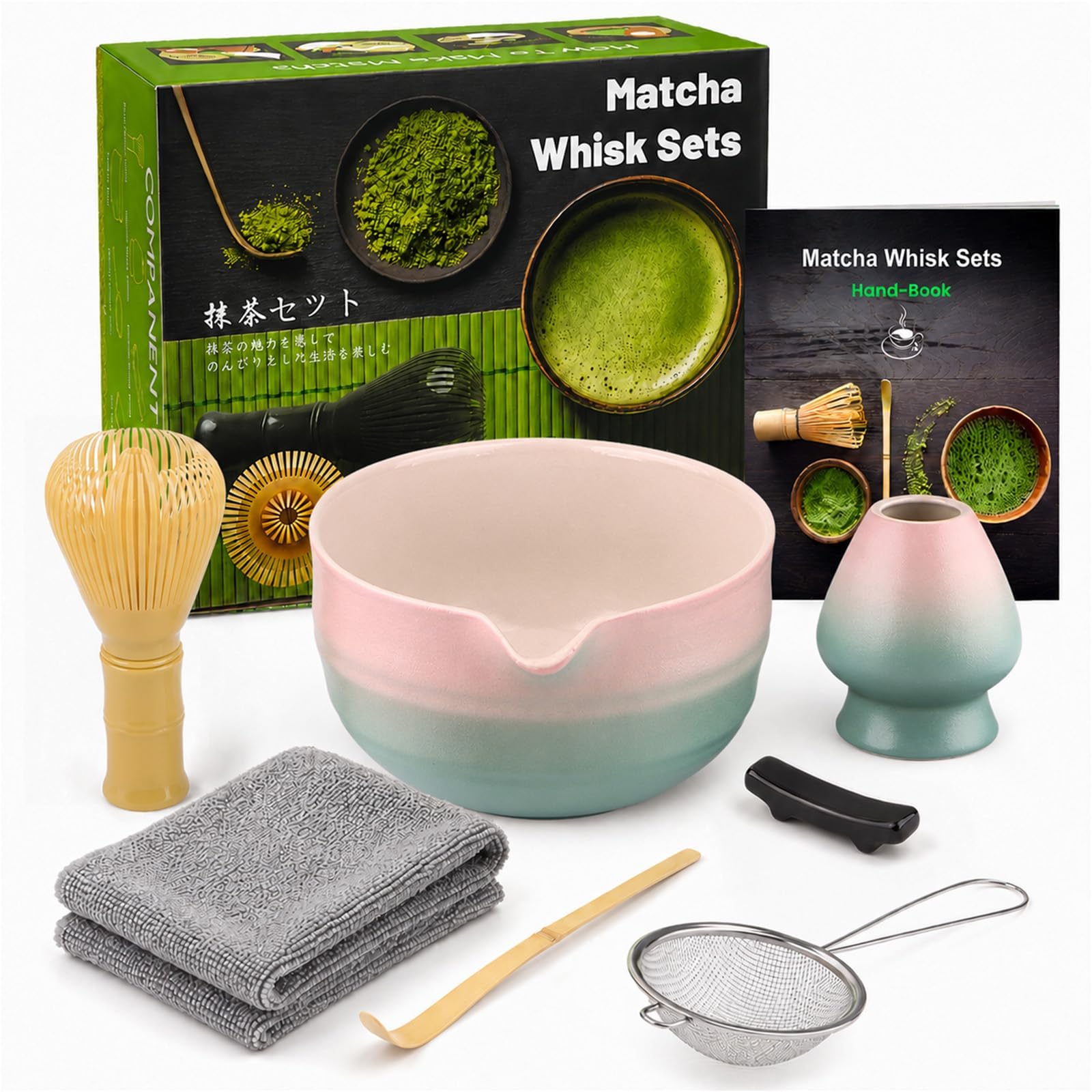 7pcs Matcha Set, Matcha Whisk Set - Matcha Whisk Plastic, Whisk Holder, Matcha Bowl, Scoop, Sifter, Absorbent Cloth - Japanese Tea Ceremony Set for Home Use or as a Gift, Gradient Pink-Blue