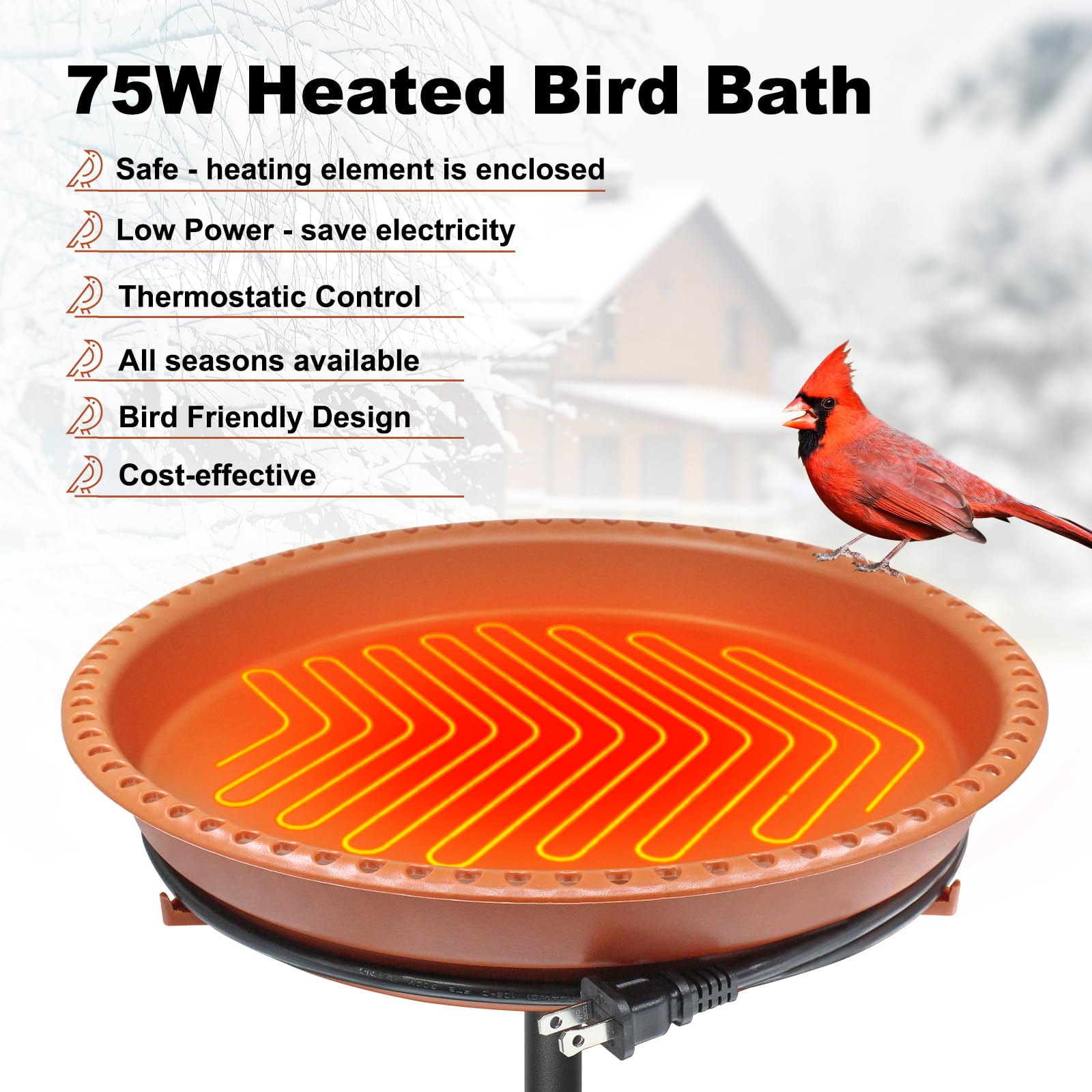 BIRD WISH Beheizte Vogeltränke, stabiler 5-Zinken-Metallsockel, Thermostat-Kontrolle, Wetterbeständigkeit, alle Jahreszeiten erhältlich, 75 W, beheizte Vogeltränke für den Außenbereich, für Winter