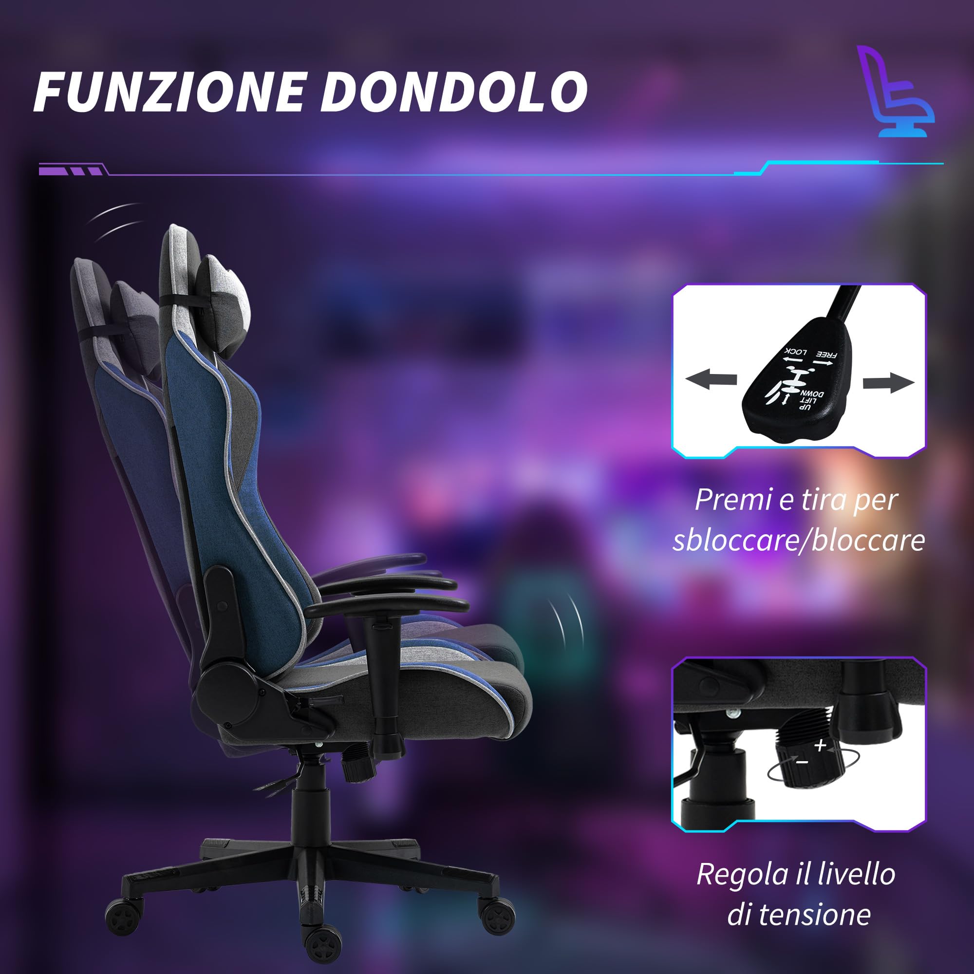 Vinsetto Sedia da Gaming Ergonomica, Poggiatesta e Altezza Regolabile, Blu | Braccioli, Poltrona Gaming Ufficio Reclinabile, Tessuto Effetto Lino, Funzione Dondolo, Supporto Lombare