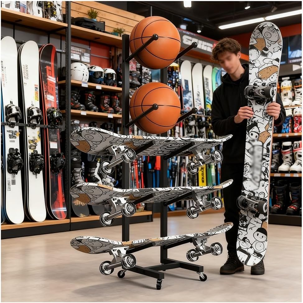 Heavy Duty Metal Snowboard Storage Rack - 3/4/5/6 Tier Skateboard Display Hanger, Sports Mat & Basketball Organizer for Garage, Shop, Home, Gym (23x25x51 cm)