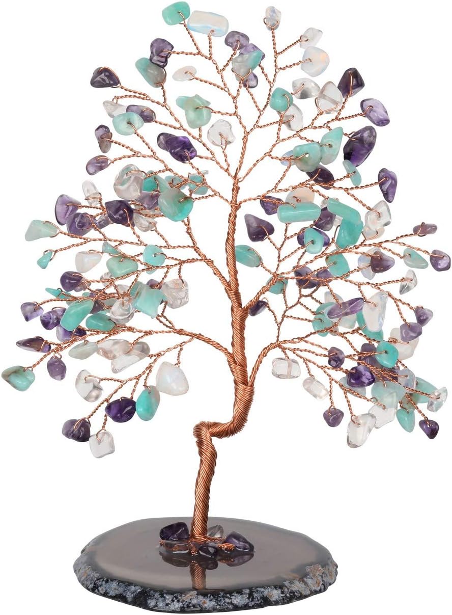 Jovivi Amethyst Amazonium Crystal Quartz Money Tree Chipped Tumbled Gemstones on Geode Agate Slices Base Feng Shui Ornaments Home Living Room Table Office Decoration for Wealth and Luck