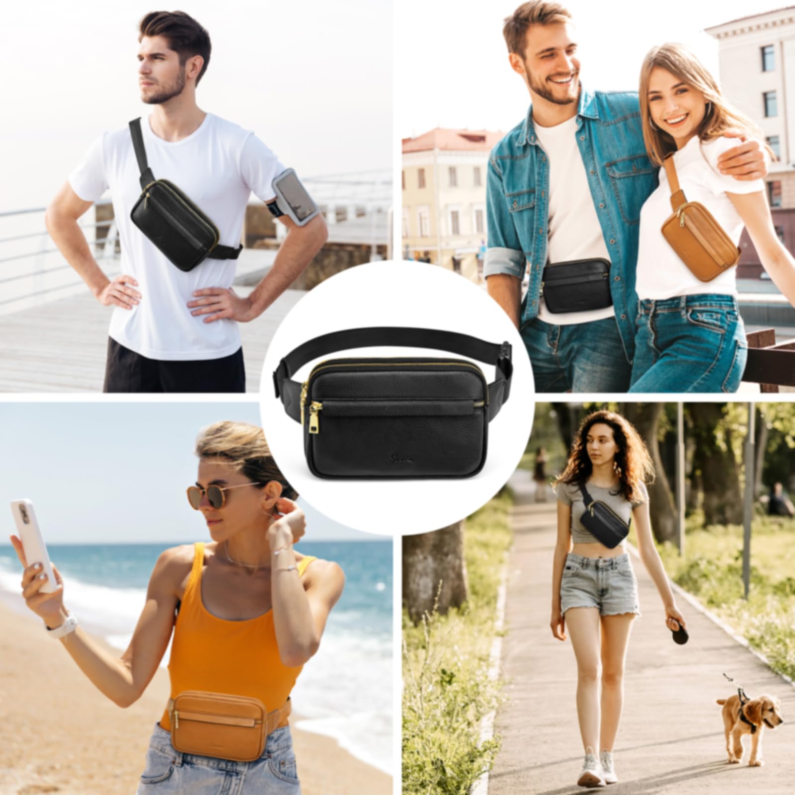 S-ZONE Fanny Packs for Women Genuine Leather RFID Blocking Crossbody Bags Purses Sling Waist Chest Bag Gifts Travel Running Adjustable Strap Men: Black