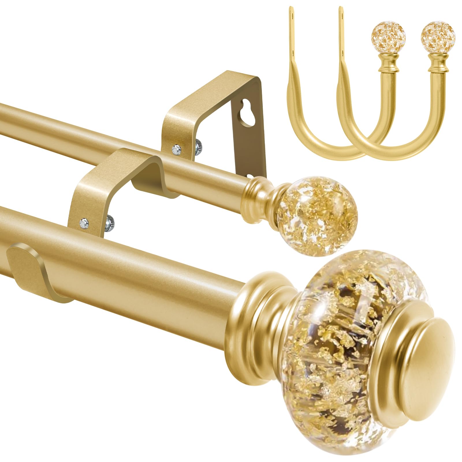 1 Inch Modern Gold Double Curtain Rod for Windows - Tension curtain rod 213 to 305cm- Luxury Translucent Finials with Holdbacks -BHSRODS Home Double Window Rods for Living Room & Bedroom