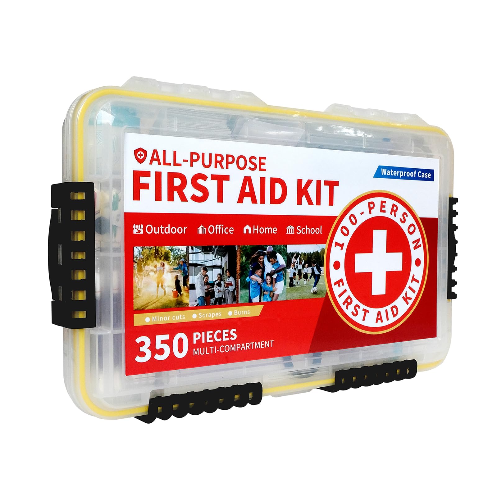 Prelady Kit de primeros auxilios de emergencia multiusos de 350 piezas para 100 personas, estuche de plástico impermeable, claramente organizado para una recuperación rápida, perfecto para el hogar