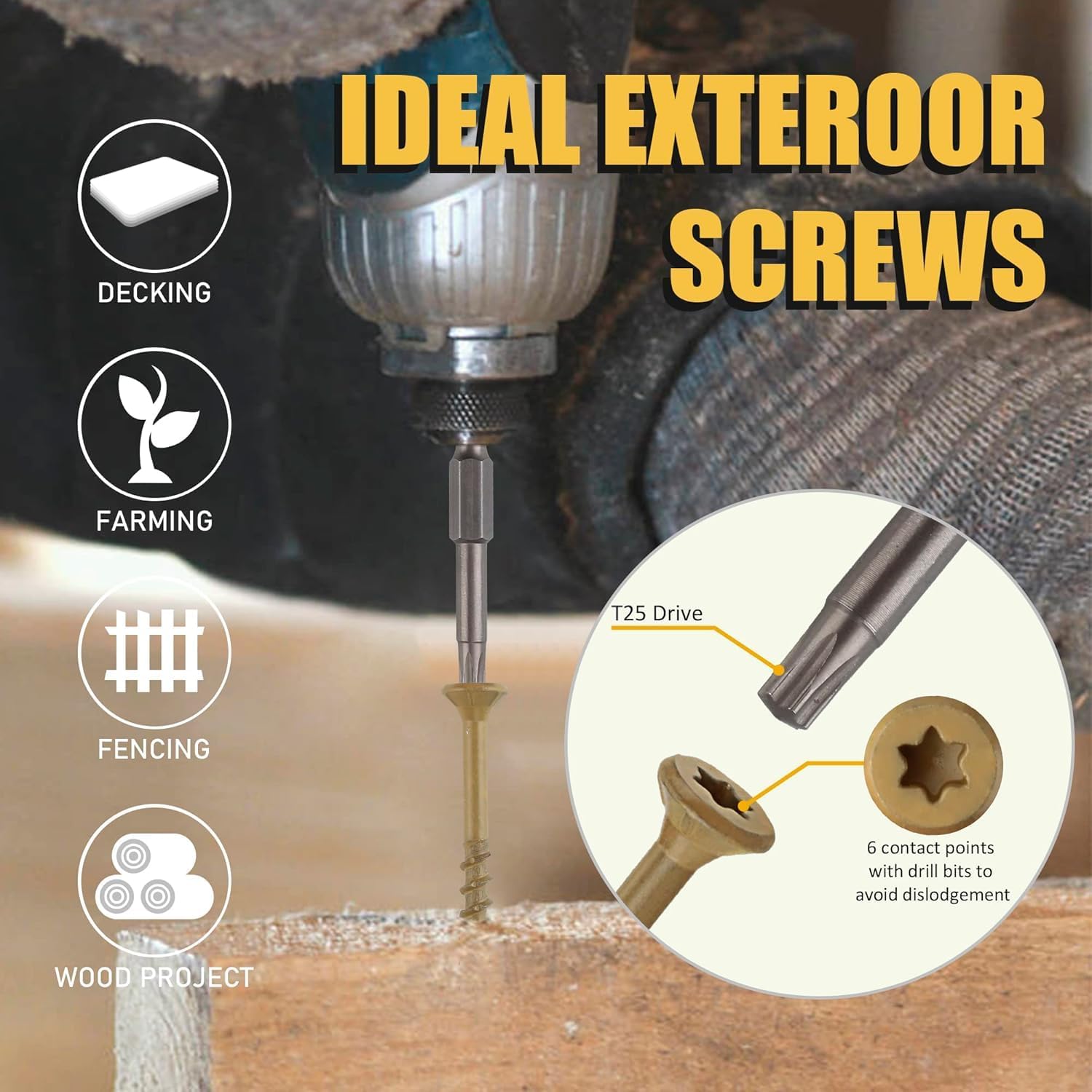 WELLOCKS Lot de 205 vis à bois de 12,7 cm, brun clair, revêtement époxy, revêtement époxy, plus de 1 000 heures, embout étoile Torx T25 inclus pour clôture en bois extérieure
