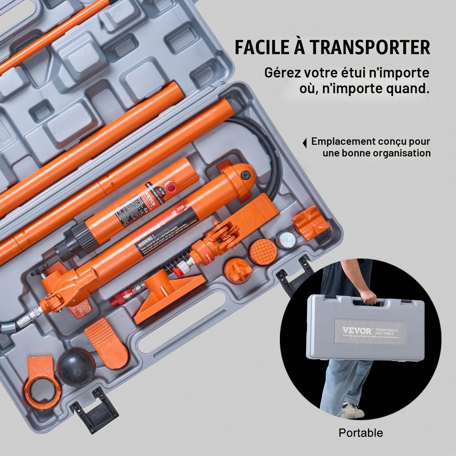 VEVOR Vérin Hydraulique 12 T, Presse Hydraulique Carrosserie Carrossier Portable Course 132 mm, avec Tuyau d'Huile de 1,4 m et Coffret, pour la Réparation de Châssis de Voiture Construction Auto