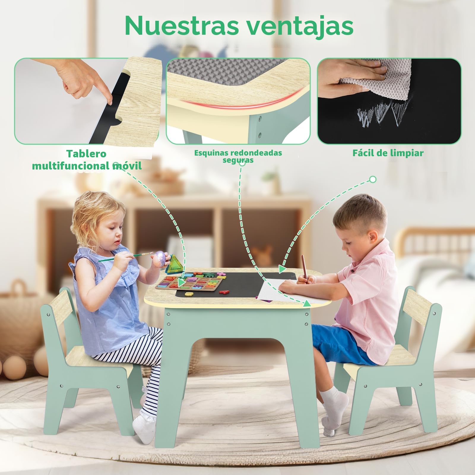 MAMIZO Mesa Infantil con 2 sillas, Doble tableros de Mesa, Grupo de Asientos con Espacio de Almacenamiento, Mueble Infantil para Habitación Infantil, Kindergarten, Sala Juegos, Verde